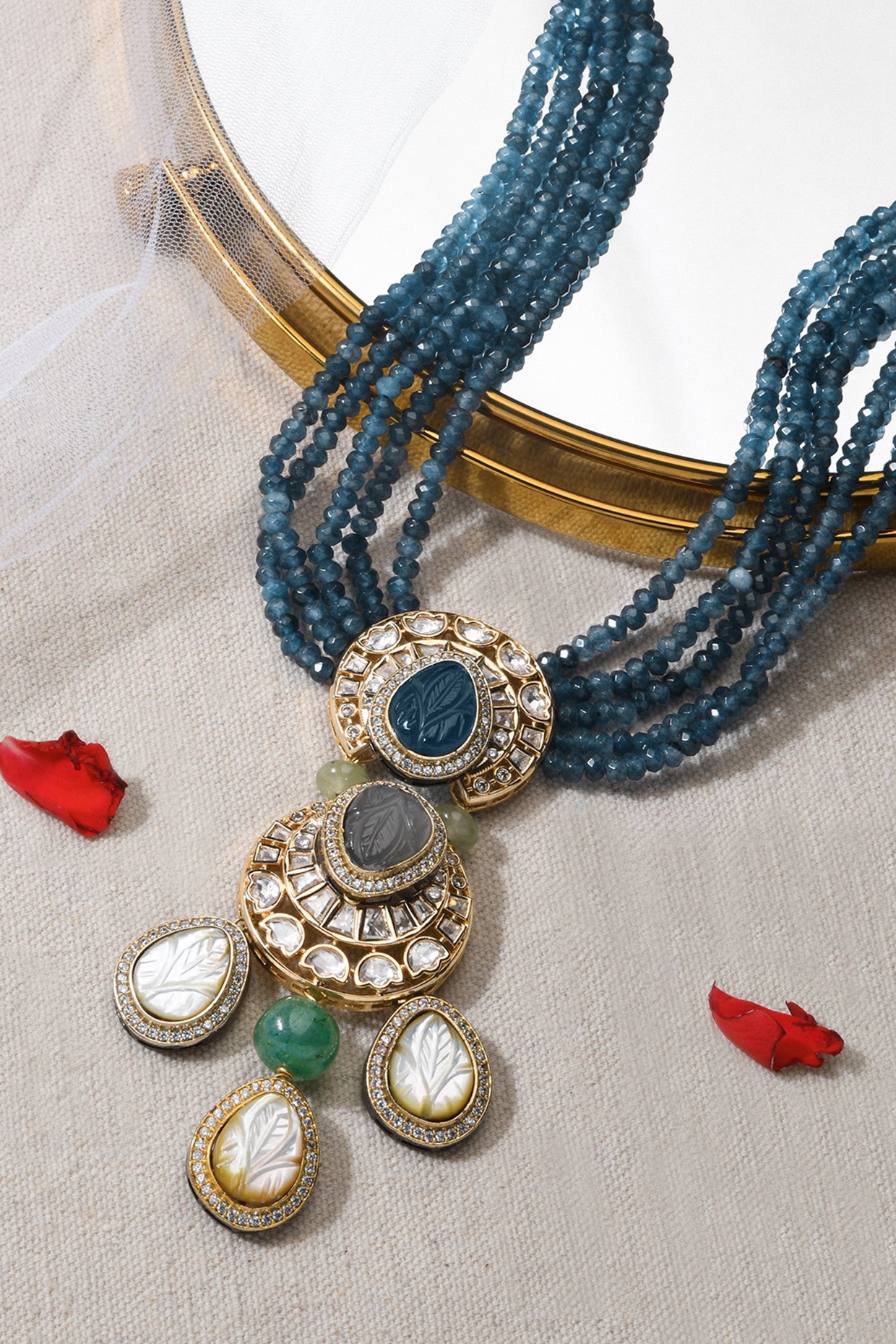 Azure Blue Beaded Necklace in 22Kt Gold Plating