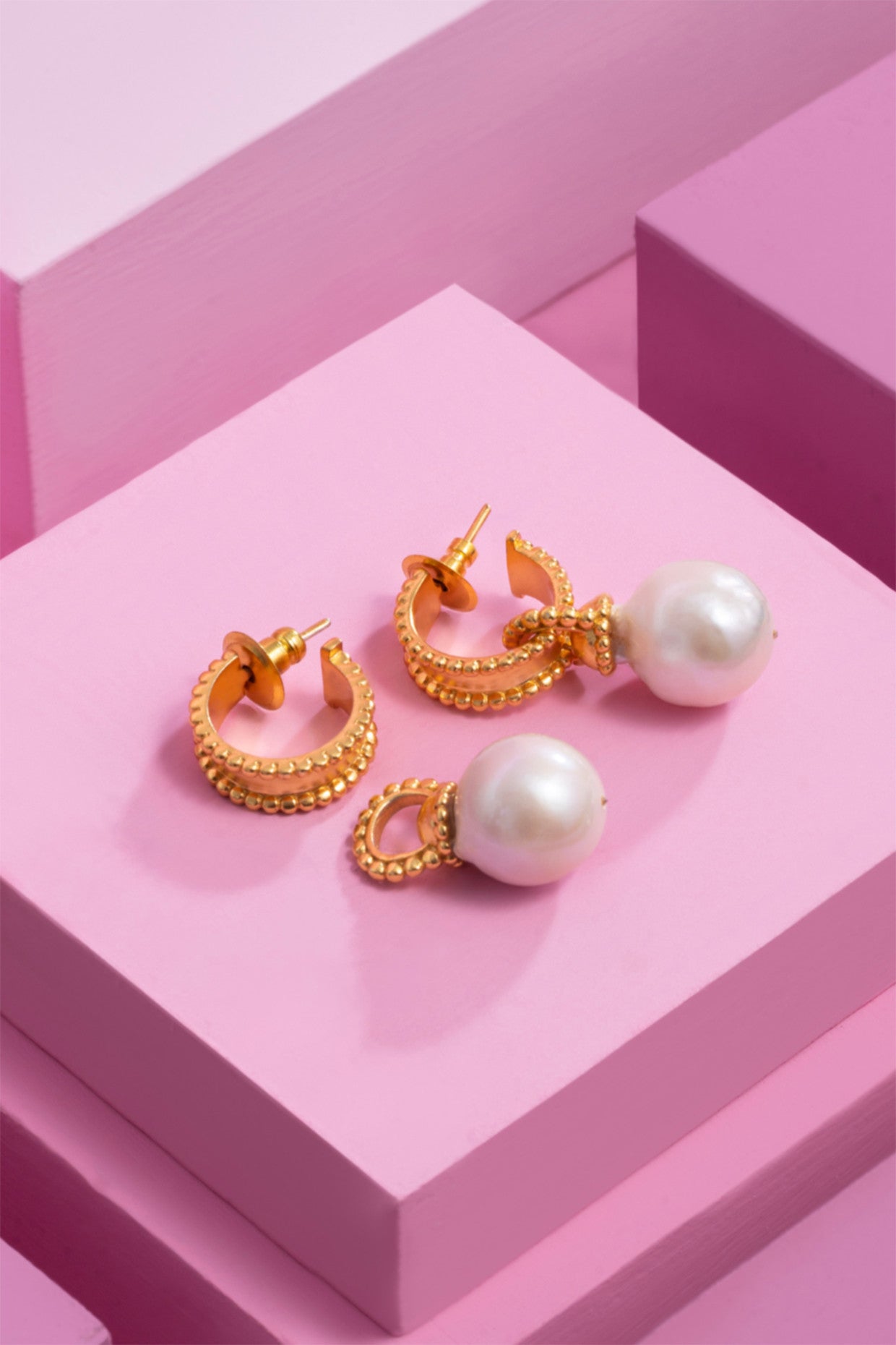 Baroque Oyster Pearl Hoops Earrings Detachable 22Kt Gold-Plated