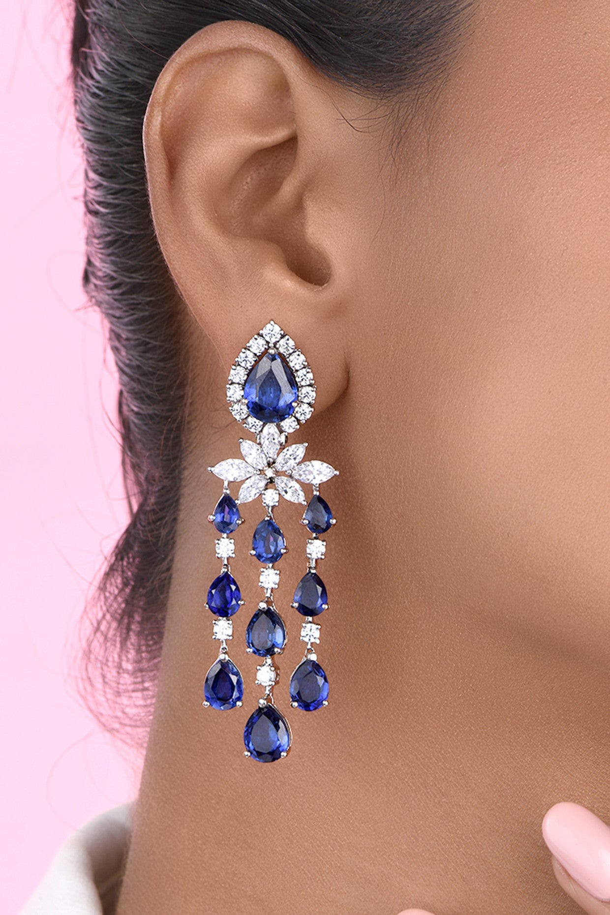 Blue Synthetic Sapphire and White Swarovski Zirconia Earrings