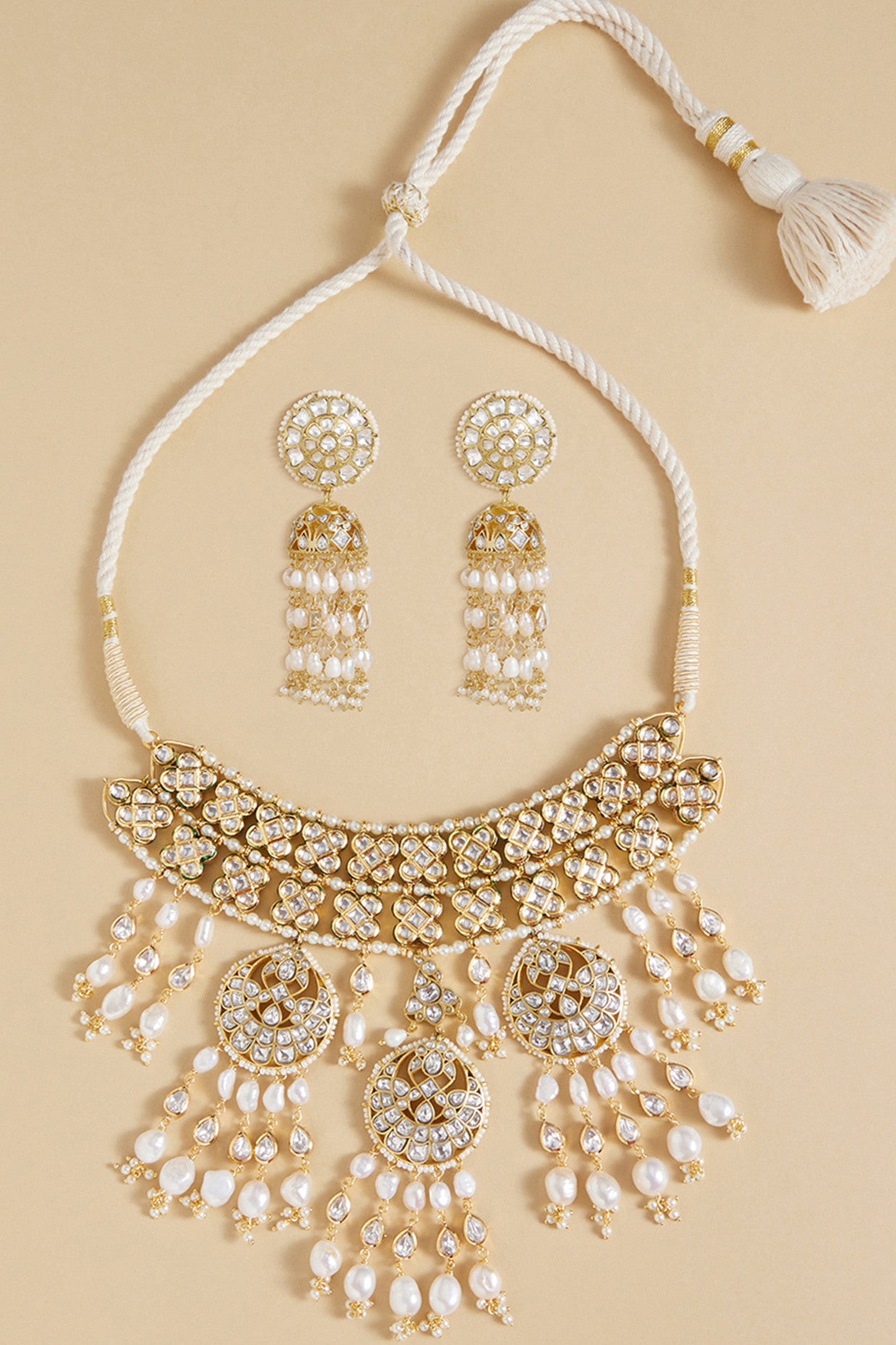 Pearl & Polki Bridal Necklace Set in 22Kt Gold Plating
