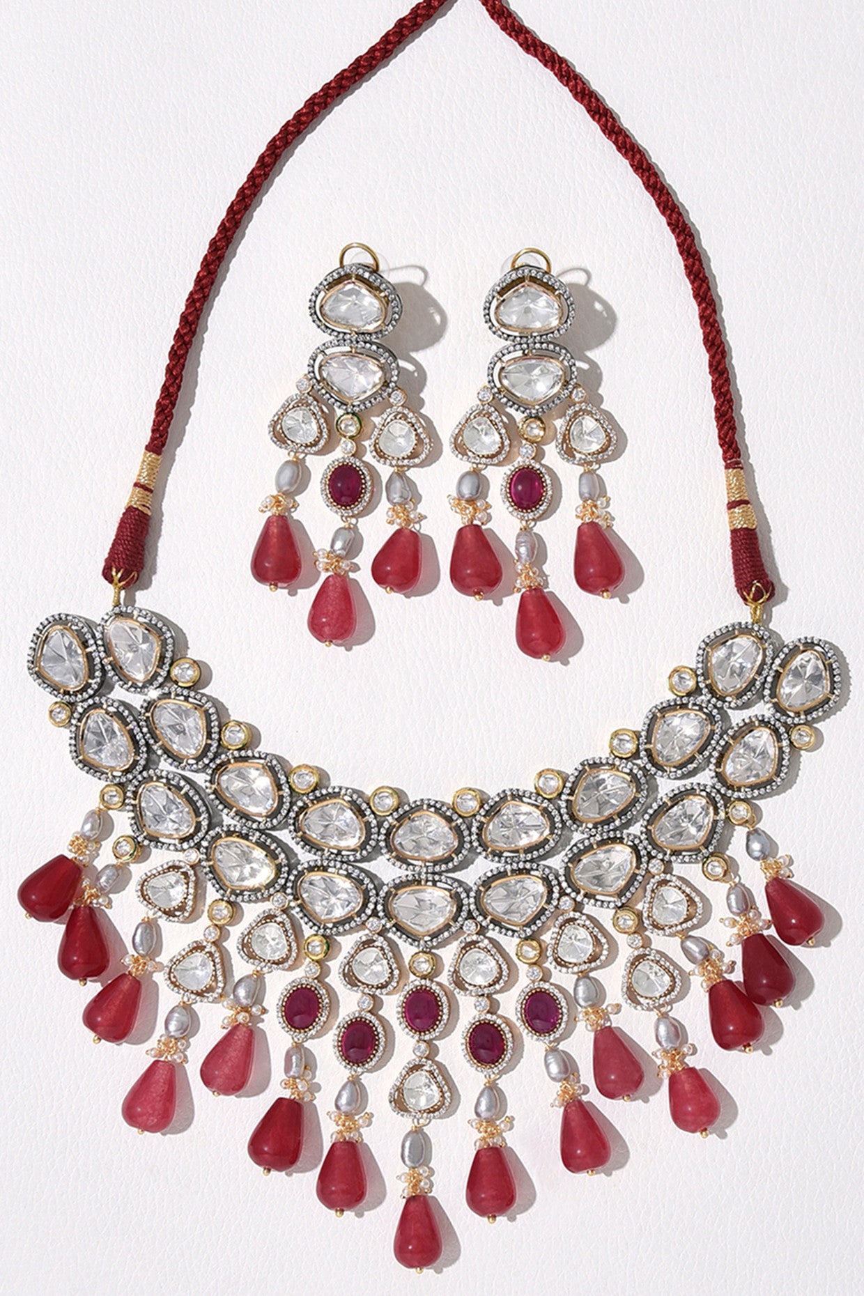 Red Polki Bridal Choker Set in 22Kt Gold Plating