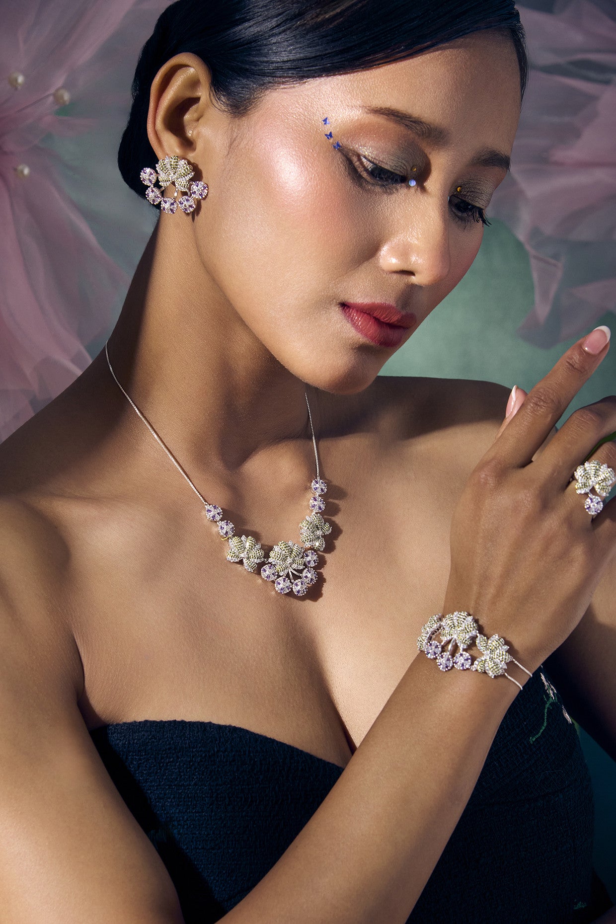 Calico Aster Earrings Amethyst & Green Quartz in Sterling Silver