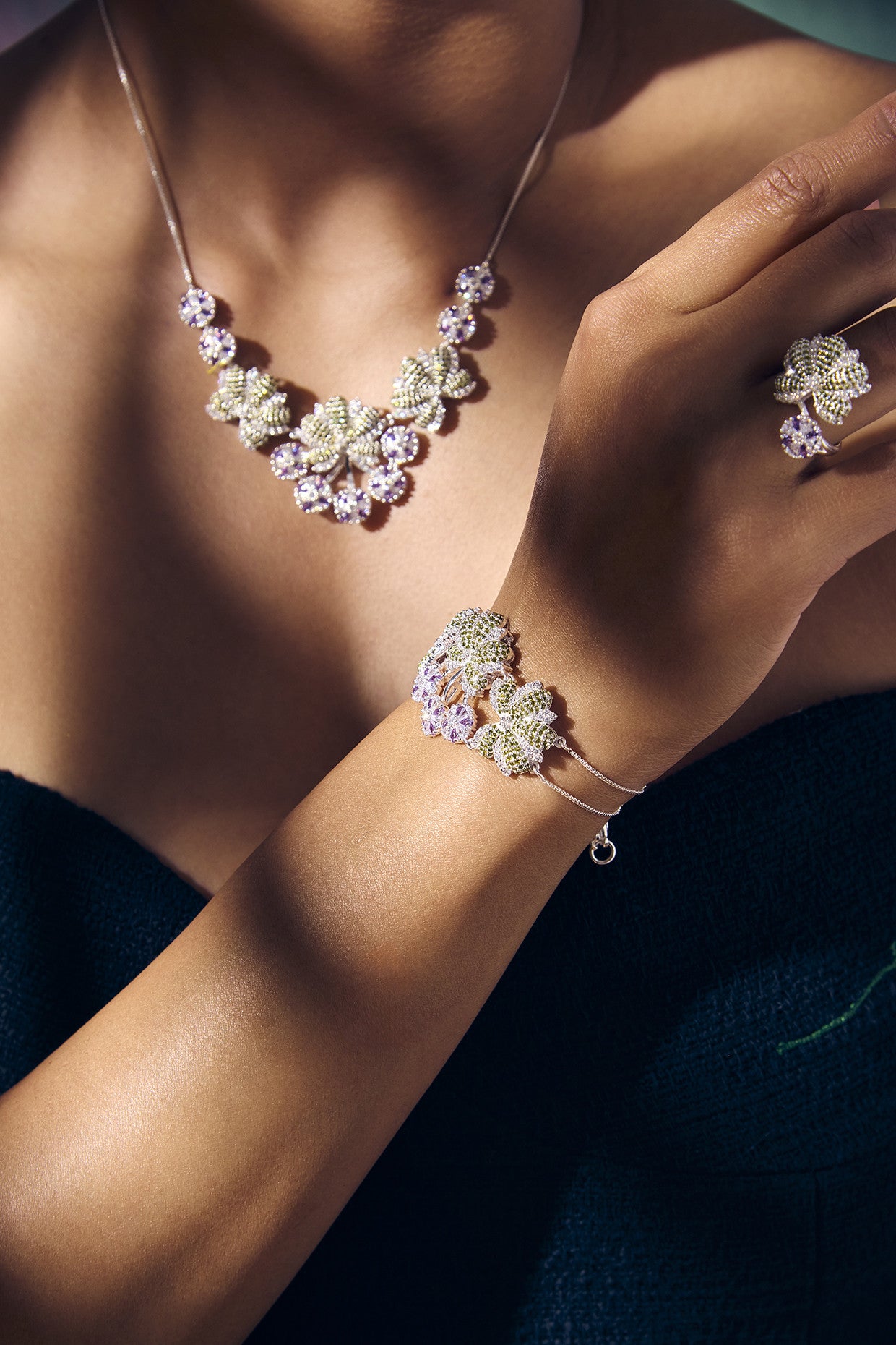 Calico Aster Necklace Amethyst & Green Quartz in Sterling Silver