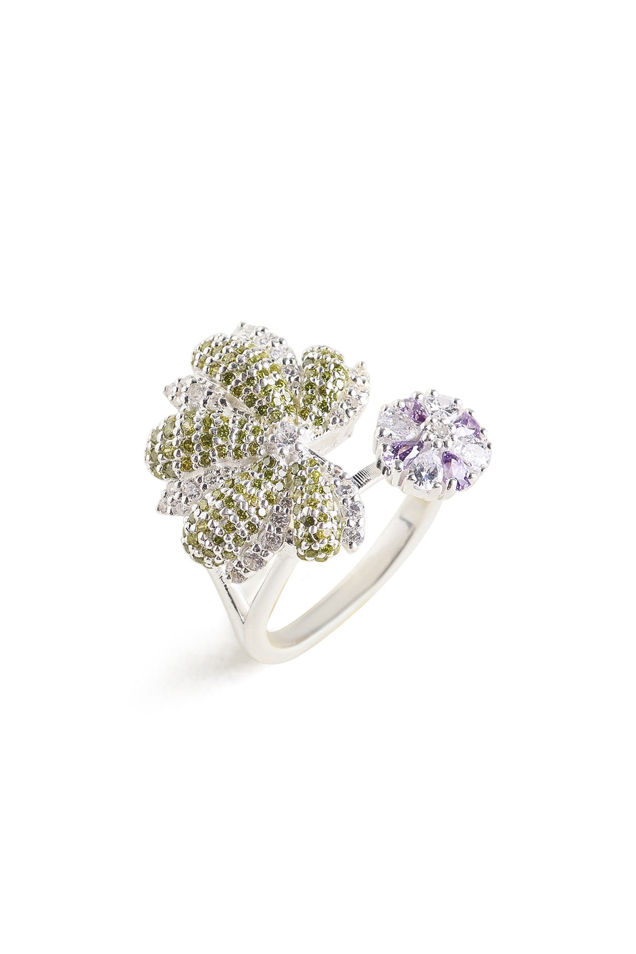 Calico Aster Ring Amethyst & Green Quartz in Sterling Silver