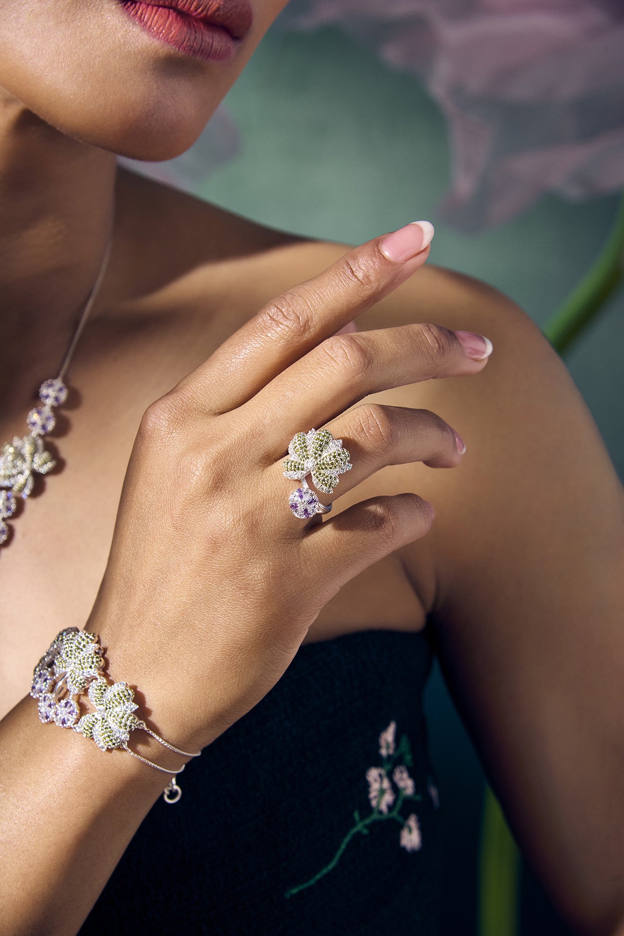 Calico Aster Ring Amethyst & Green Quartz in Sterling Silver