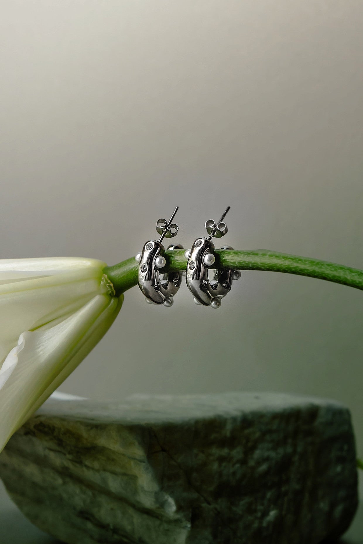 Catroux Pearl Huggies Silver Earrings