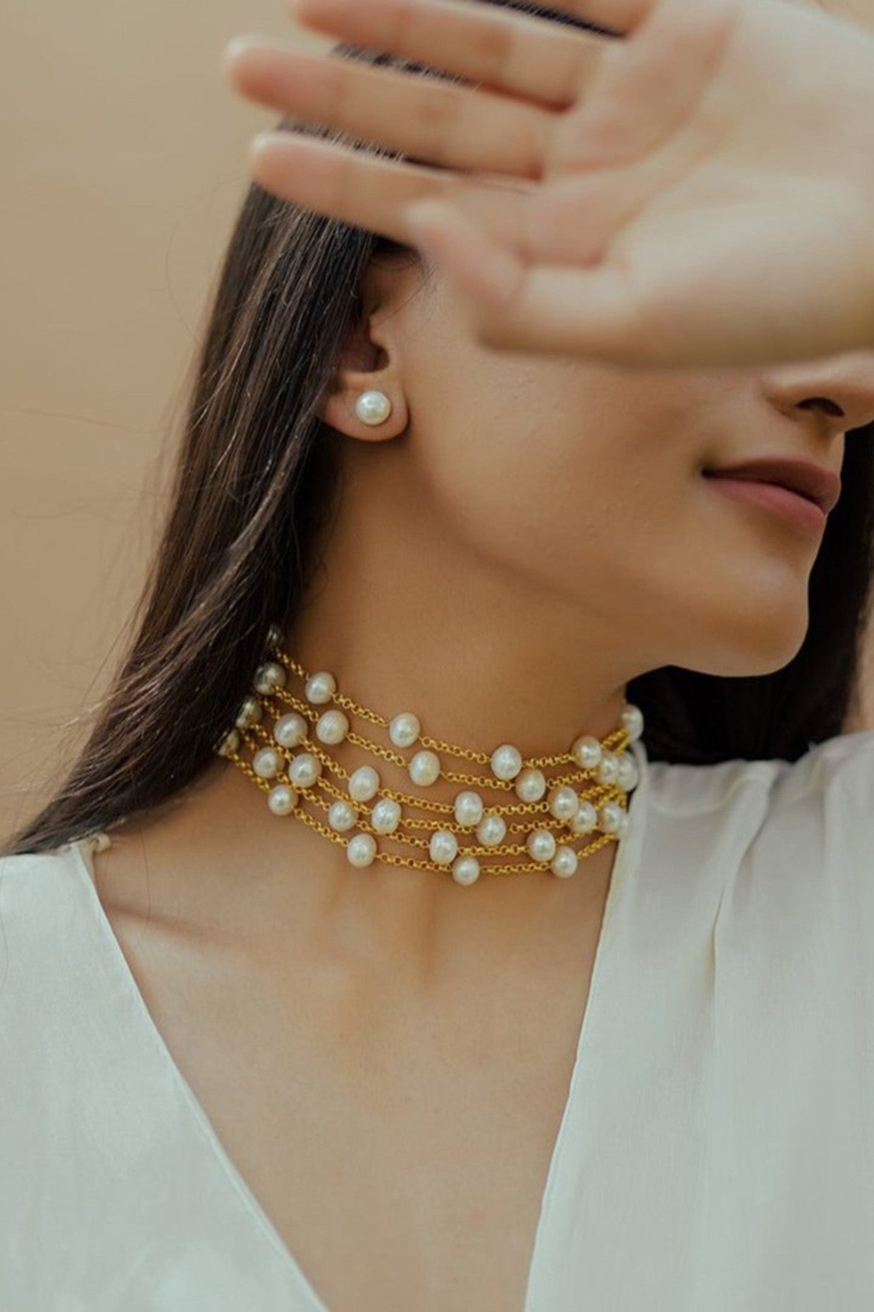 Chained Pearl Choker Necklace 22Kt Gold-Plated