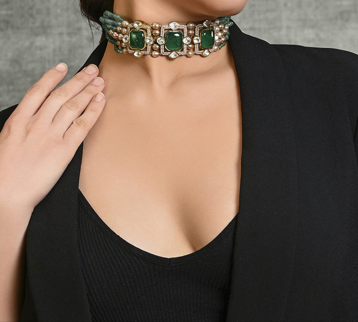 Charismatic Beaded Choker In Green in 22Kt Gold Plating