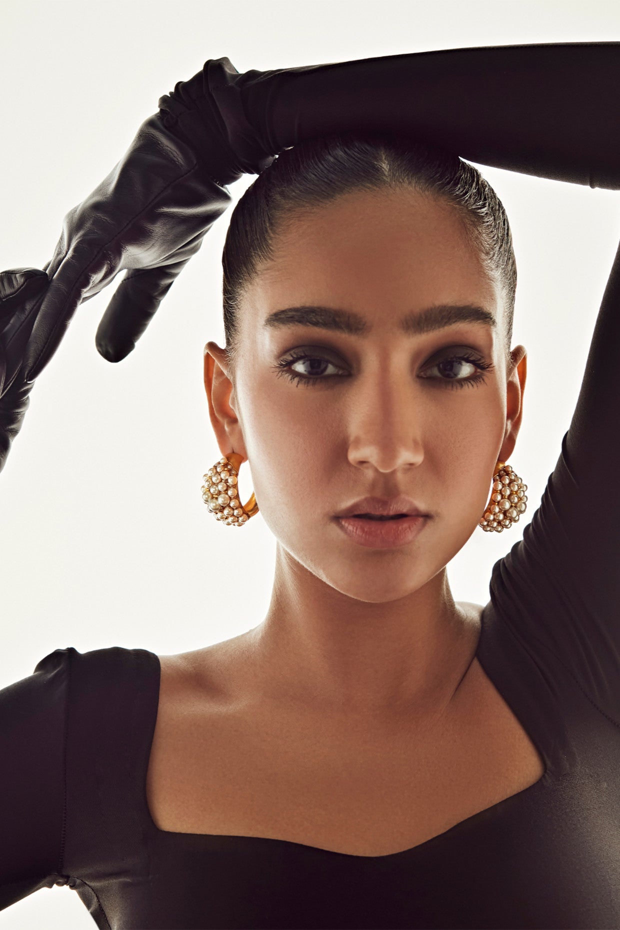 Cluster Pearl Hoops Earrings 22Kt Gold-Plated