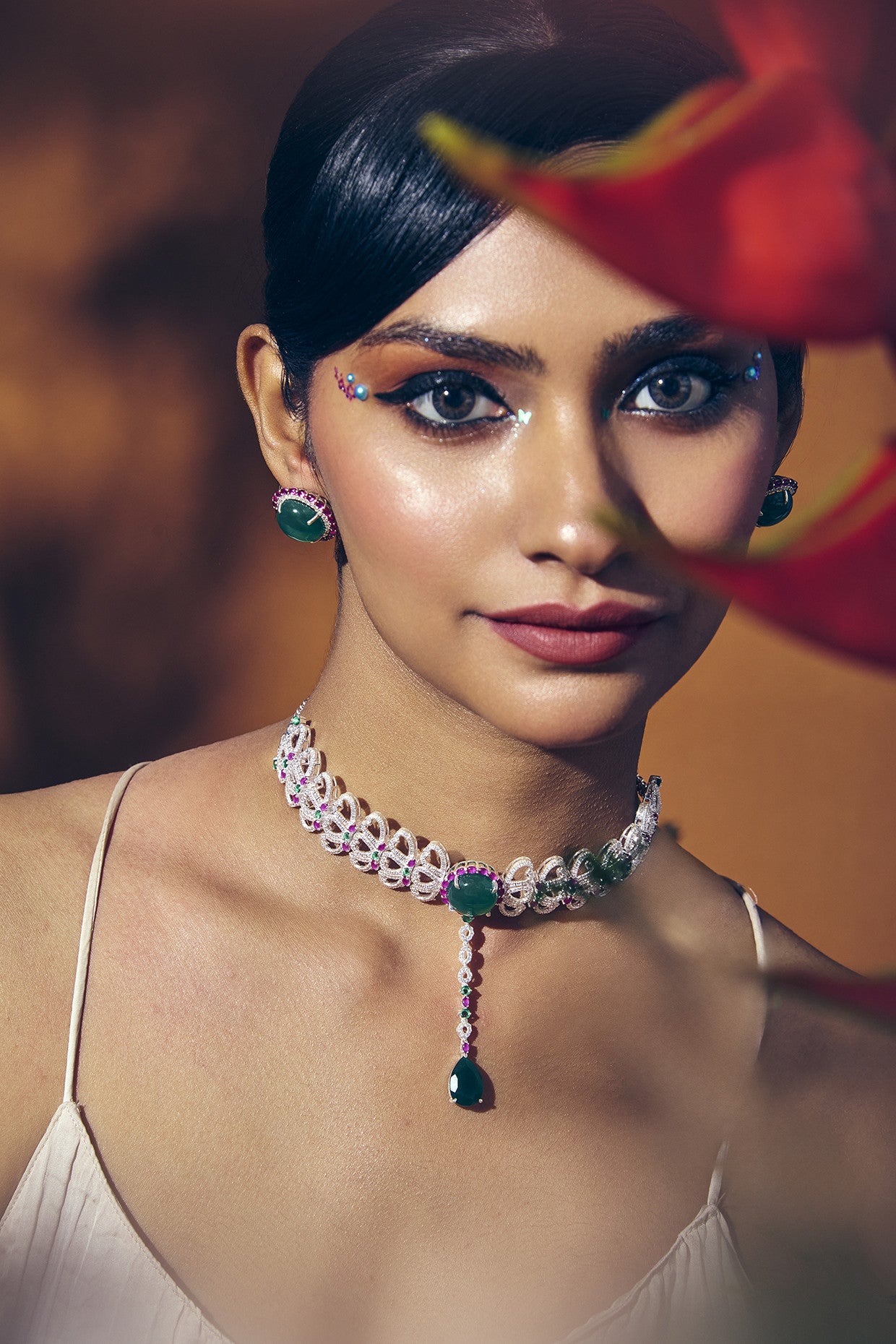 Columbine Choker Green Onyx & Rose in Sterling Silver