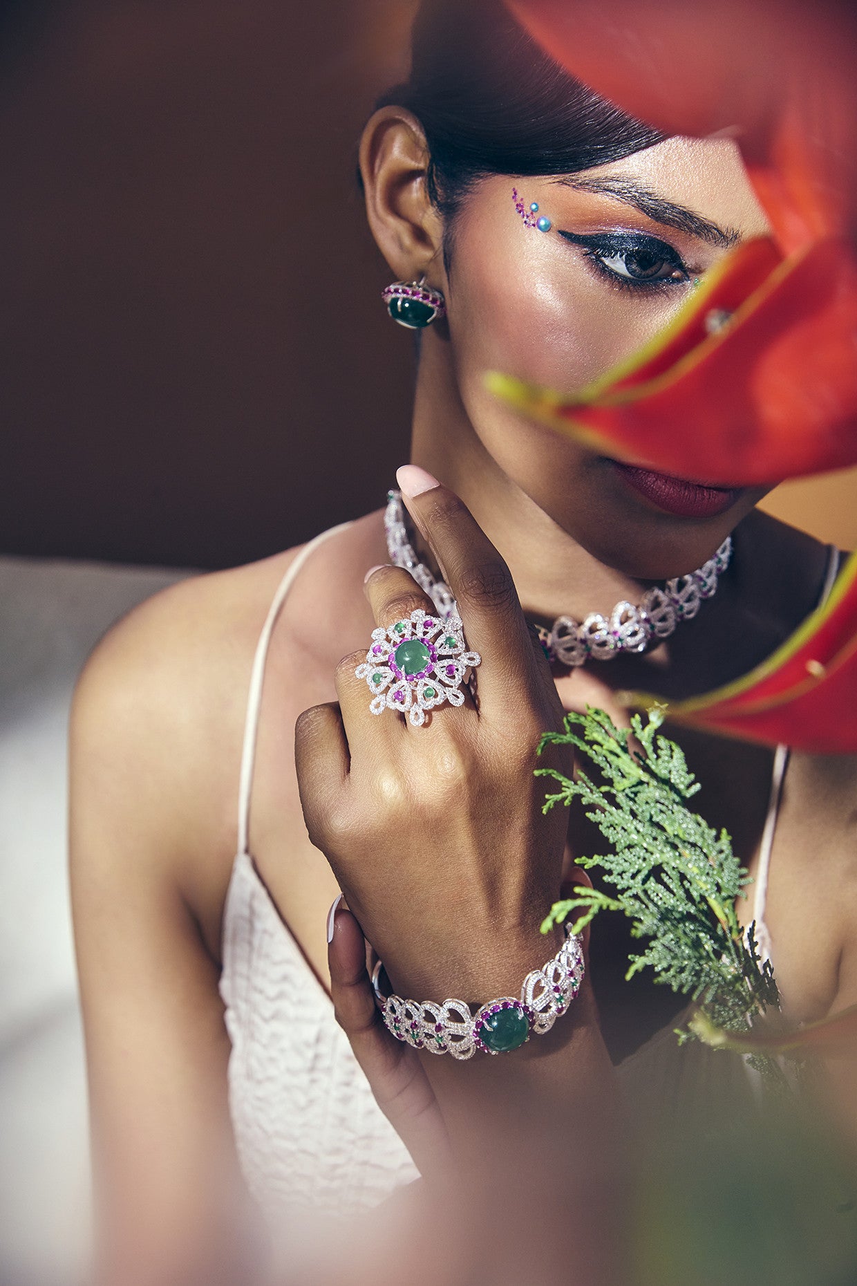 Columbine Studs Green Onyx & Rose in Sterling Silver