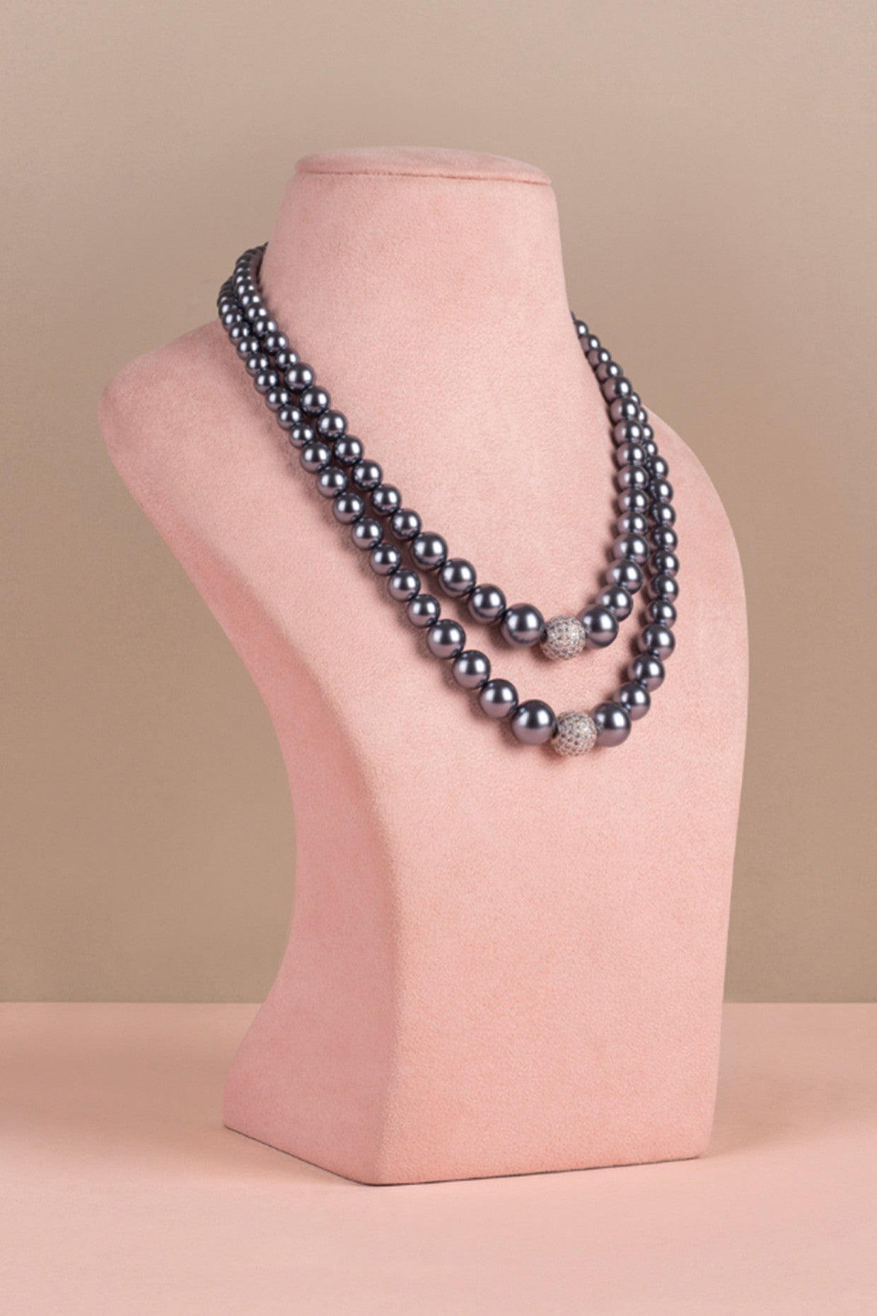 Double Graded Pearls Necklace-Dark Silver with Swarovski