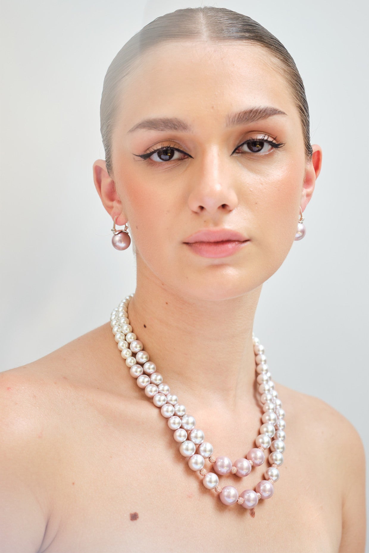 Double Graded Pearls Necklace-Purple Ombre with Swarovski