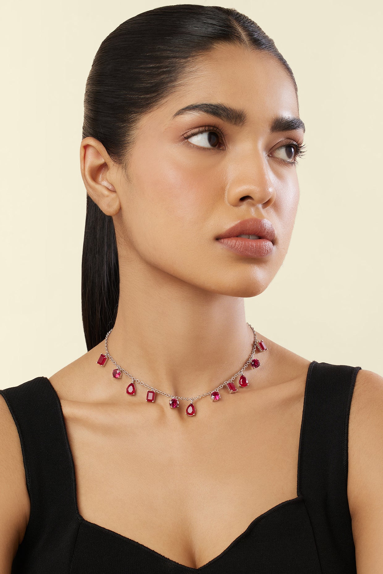 Eterna Fiery Charm Choker In Rhodium Plating