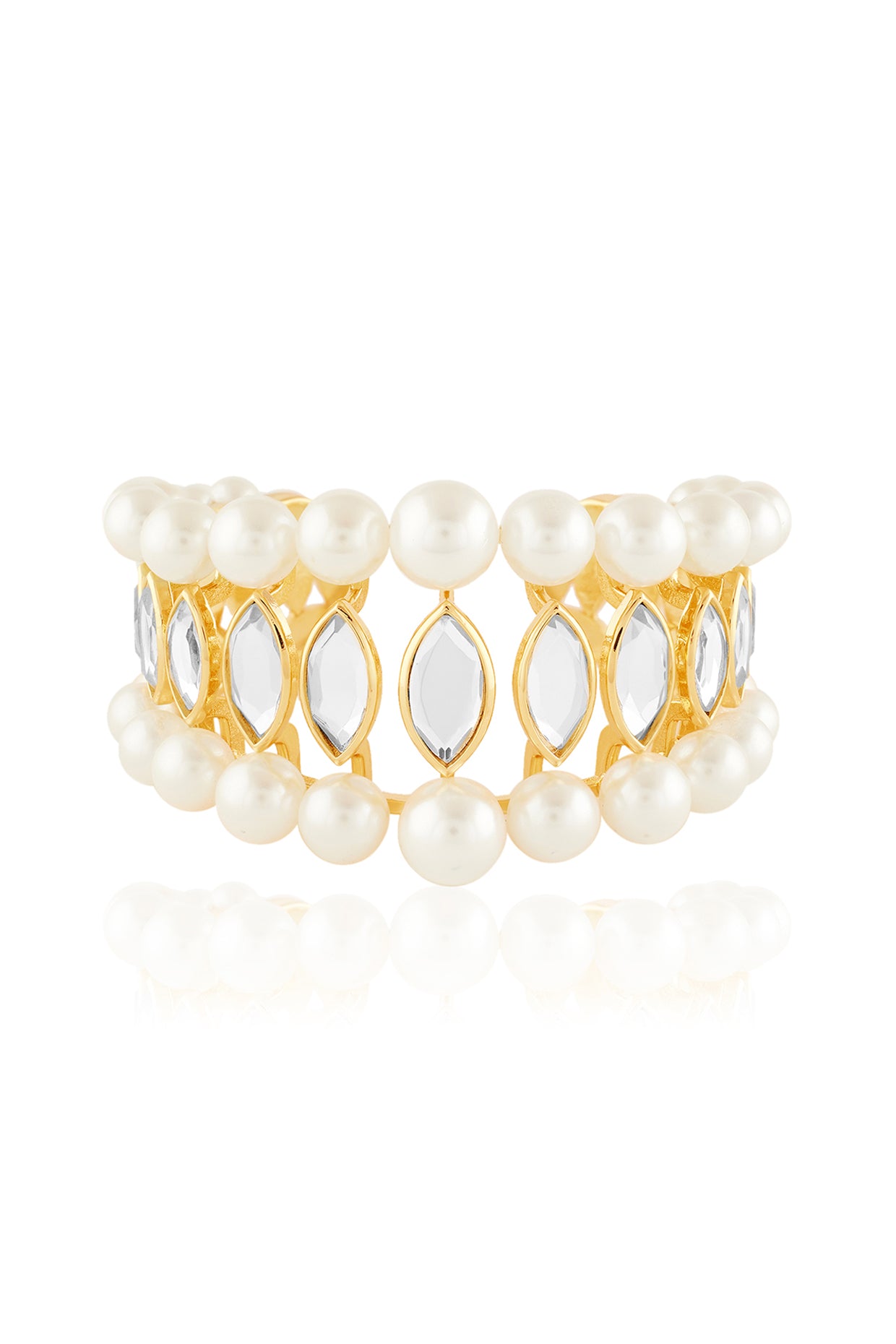 Navette Collection Pearl & Mirror tapered Medium size cuff 18Kt Gold Plated