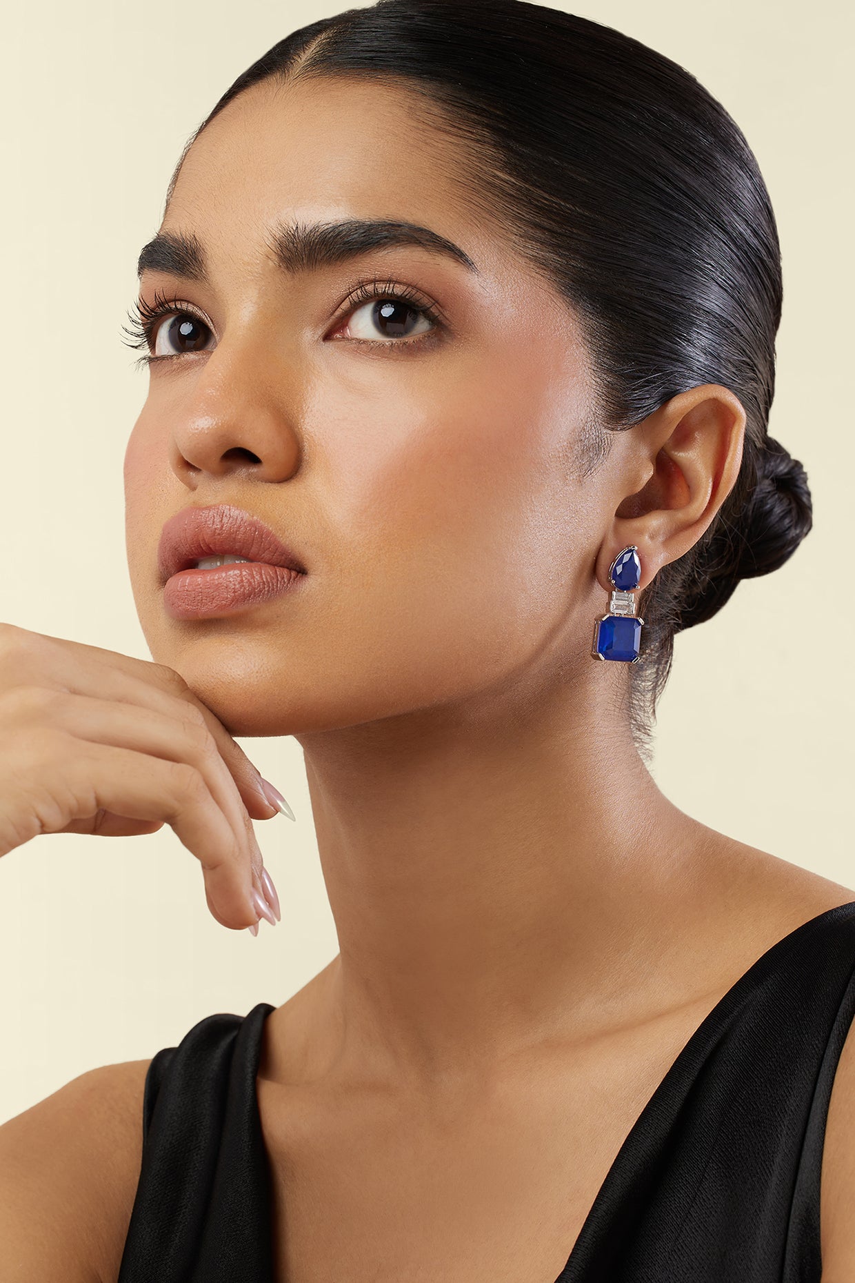 Sapphire Radiance Dangle Earrings In Rhodium Plating