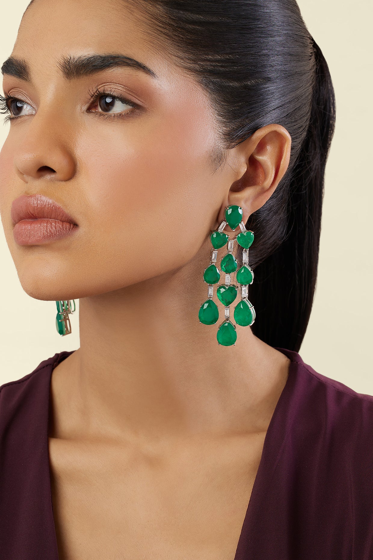 Emerald Waterfall Luxe Earrings In Rhodium Plating