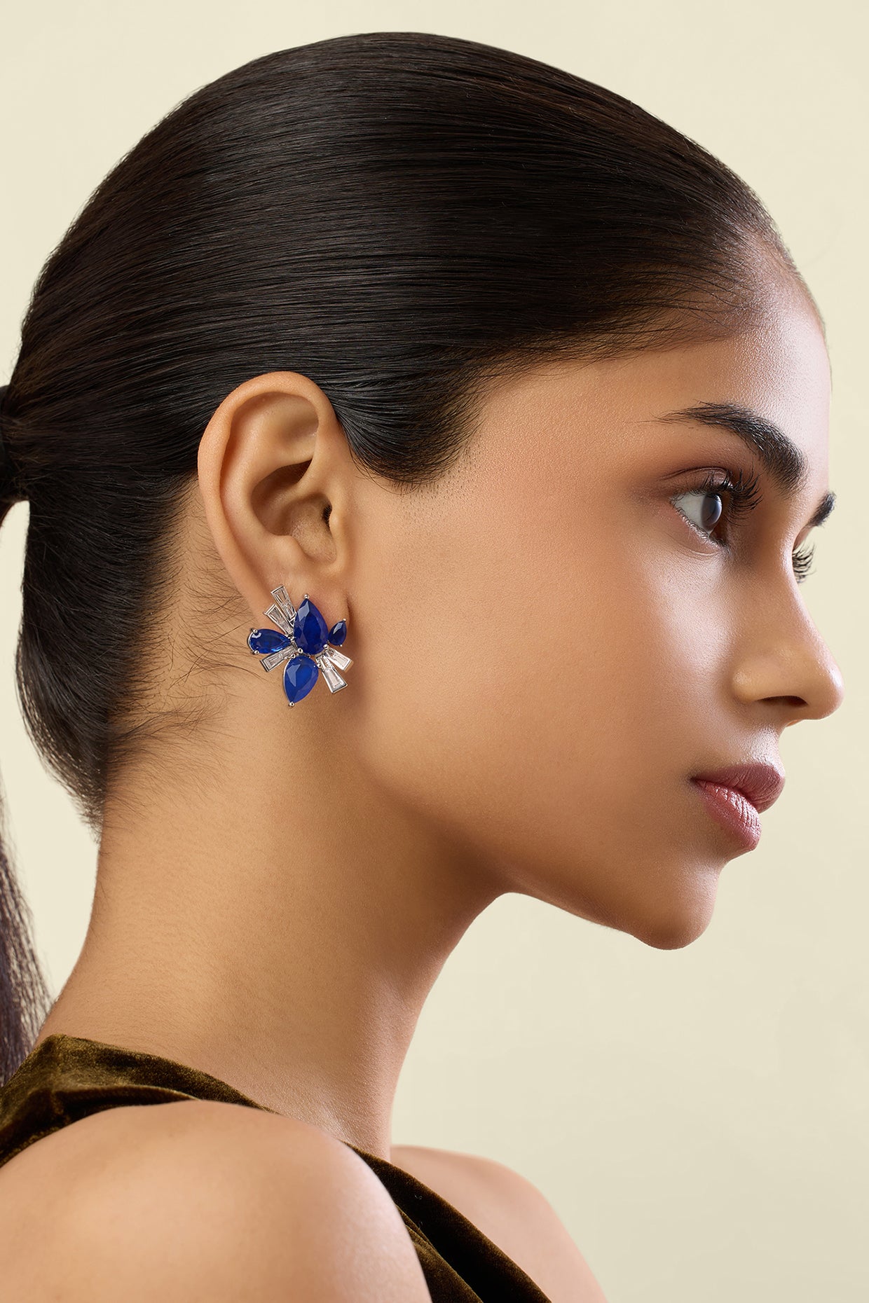 Octavia Sapphire Studs In Rhodium Plated