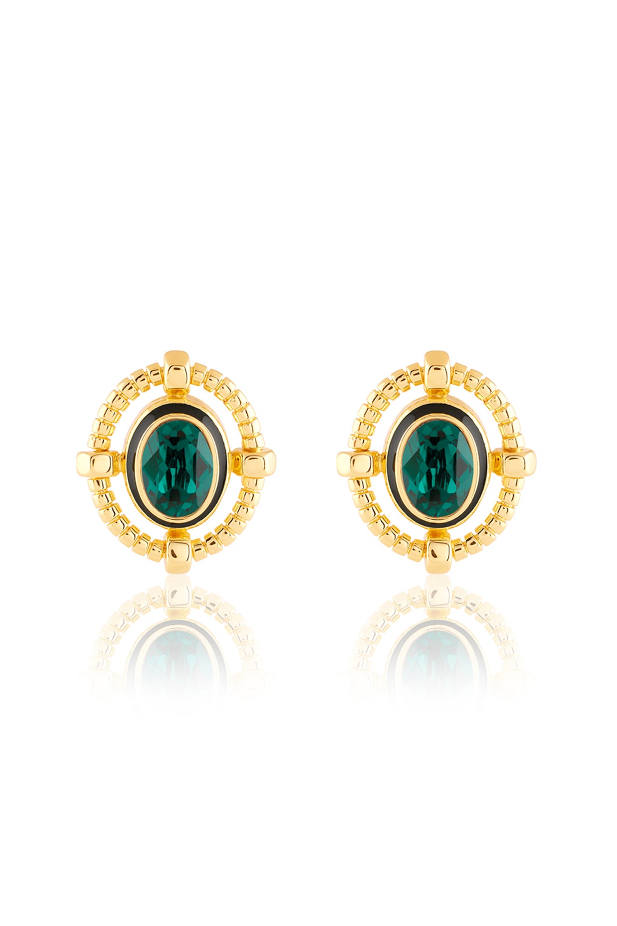 Nut and bolt Oval Shape Emerald Crystal stud earring 18Kt Gold Plated