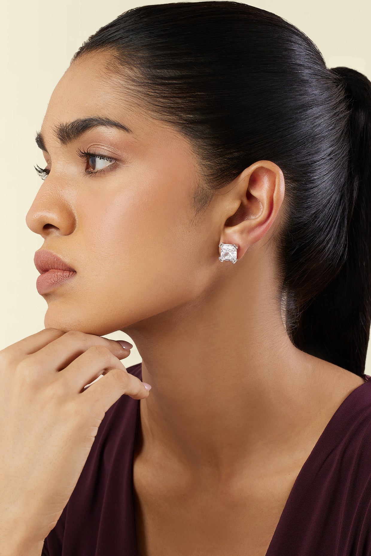 Elysian Radiance Square Studs In Rhodium Plating