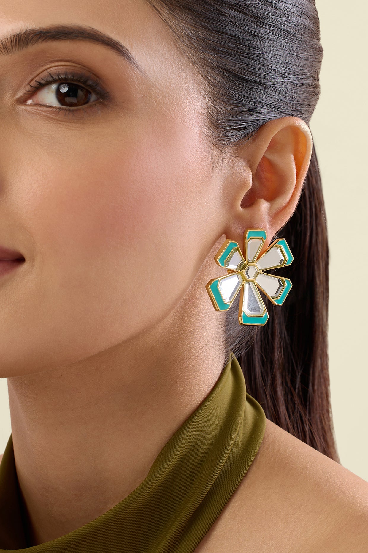 Ayaana Blue Enamel Flower Stud 18Kt Gold Plated