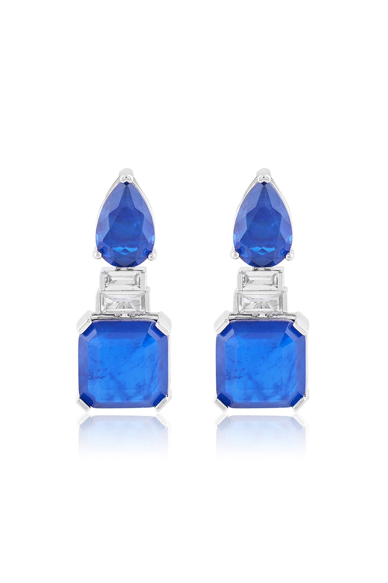 Sapphire Radiance Dangle Earrings In Rhodium Plating