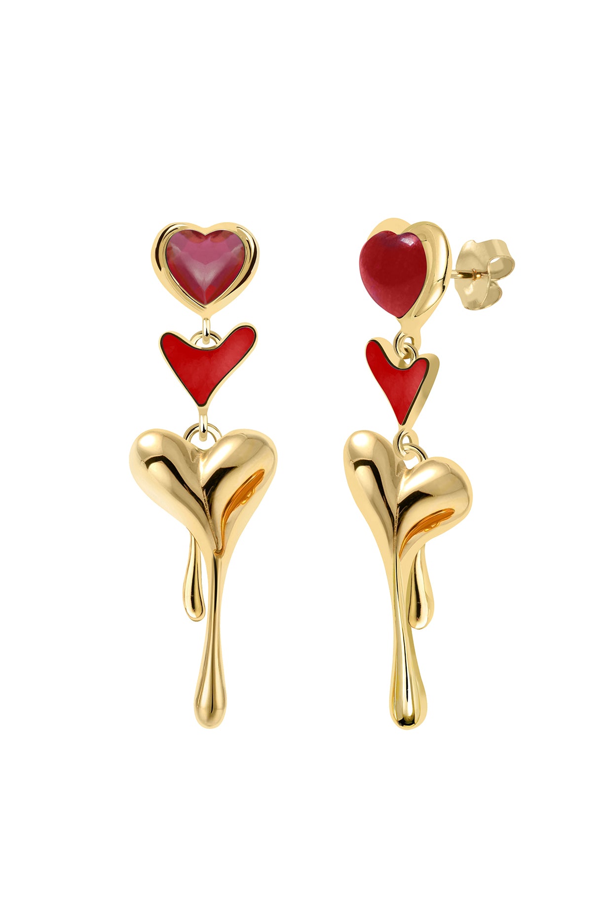 18Kt Gold Plated Ruby All Heart Drop Earrings