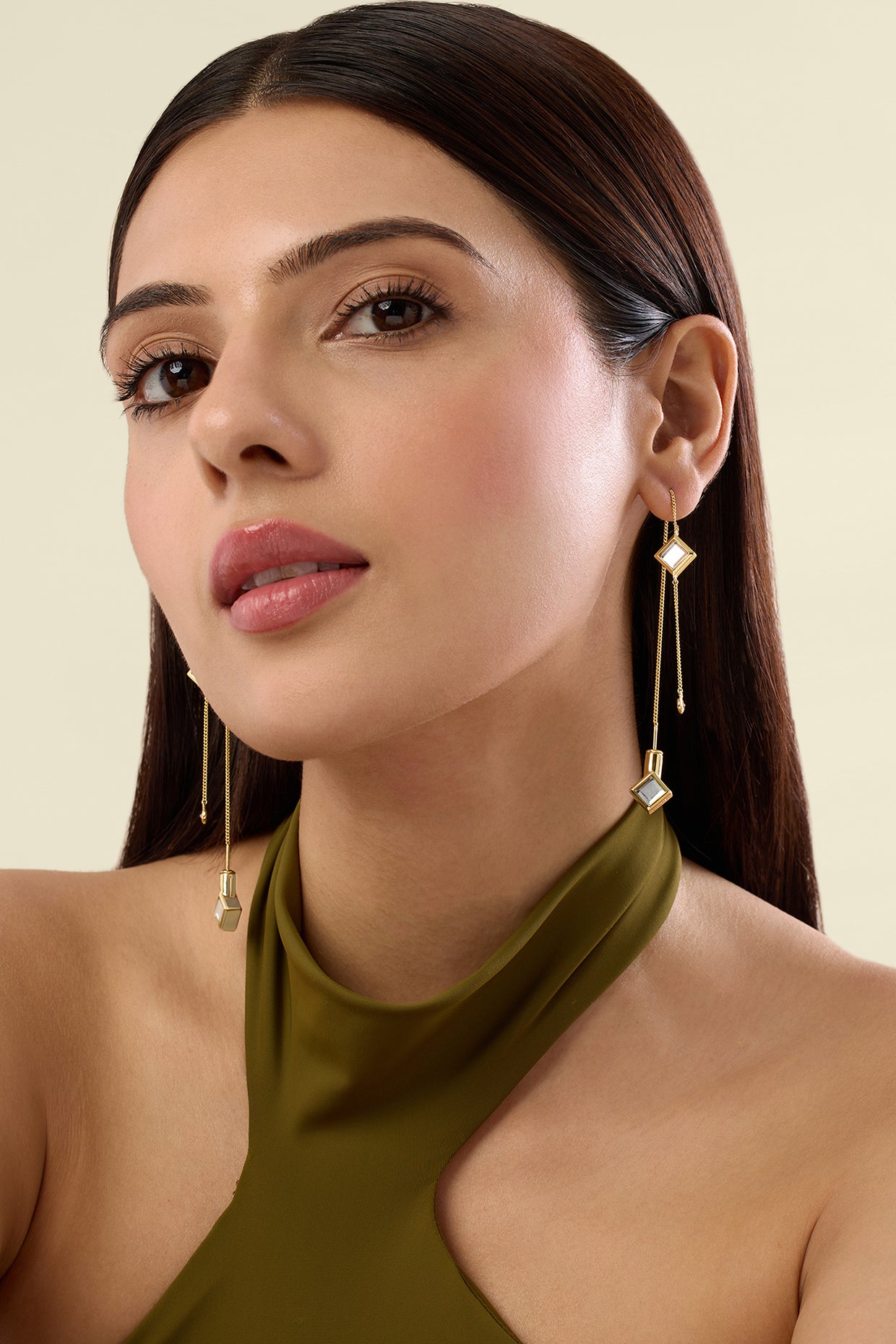 Ayaana Diamond Mirror Needle-Thread Delicate Earrings 18Kt Gold Plated