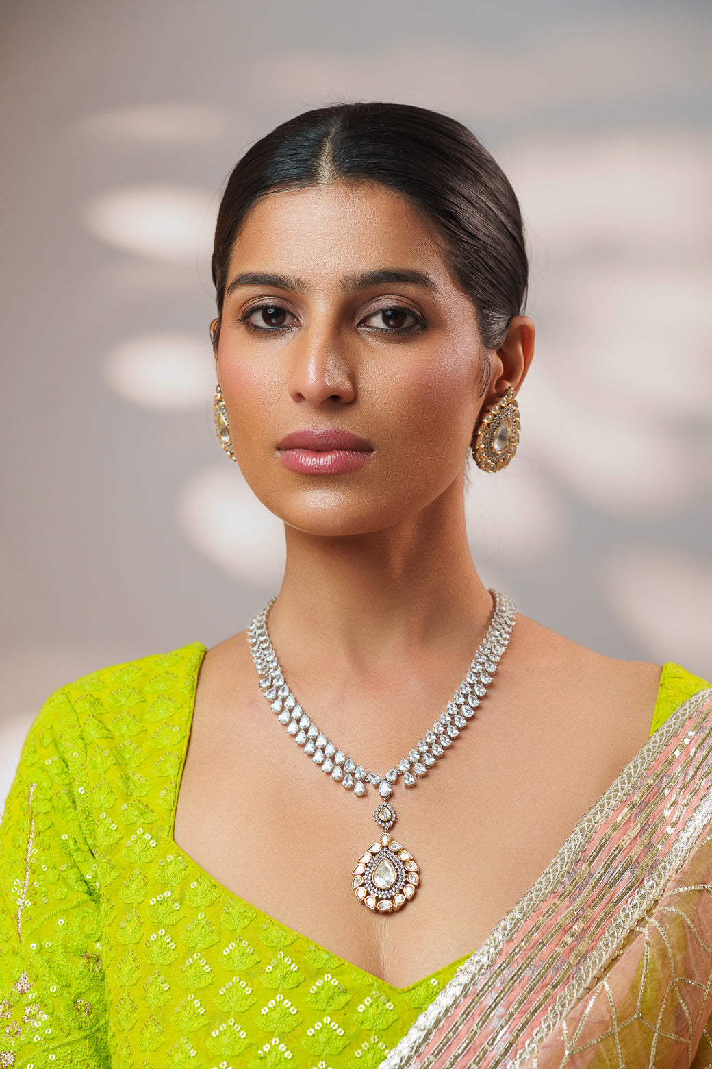 Fusion Of Kundan And Diamond Necklace Set With Earrings