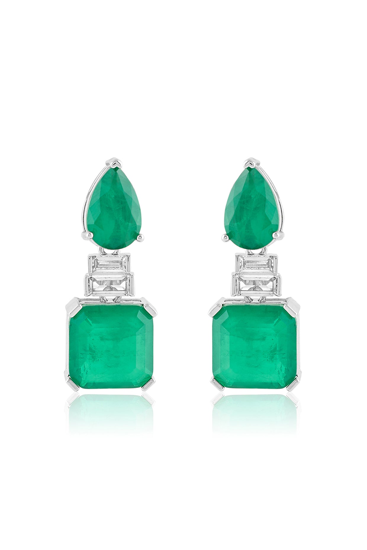 Emerald Radiance Dangle Earrings In Rhodium Plating