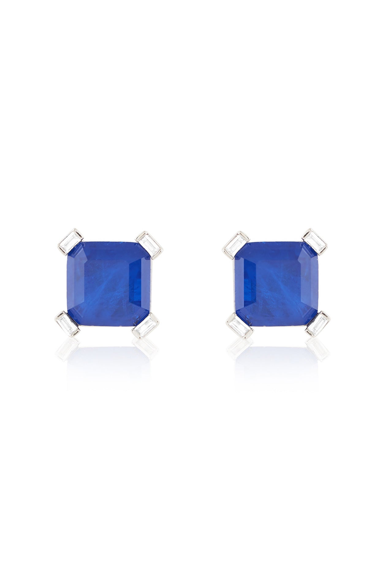 Sapphire Majesty Square Studs In Rhodium Plating