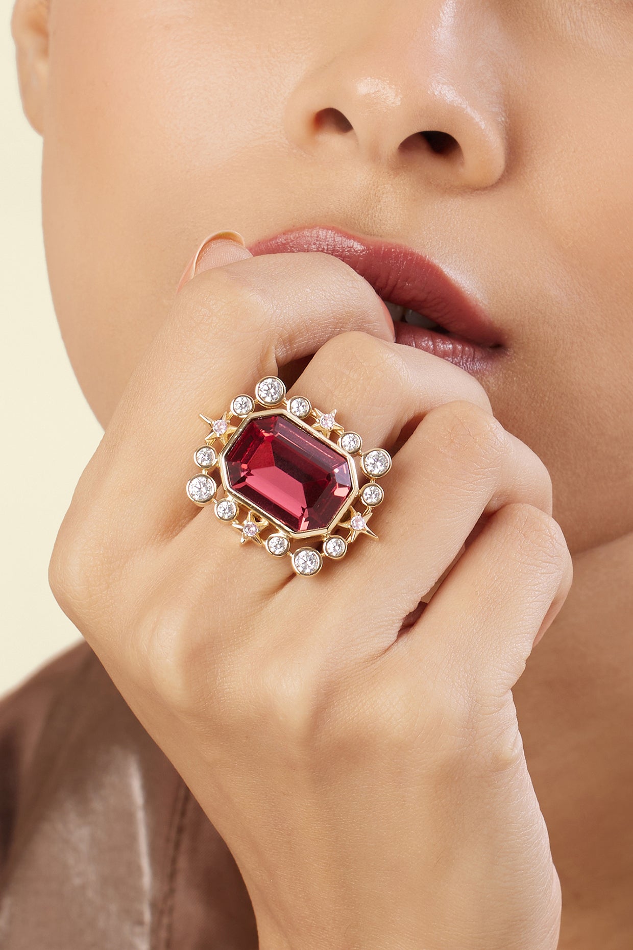 Ruby Lyric Statement Ring In 18Kt Gold Plated