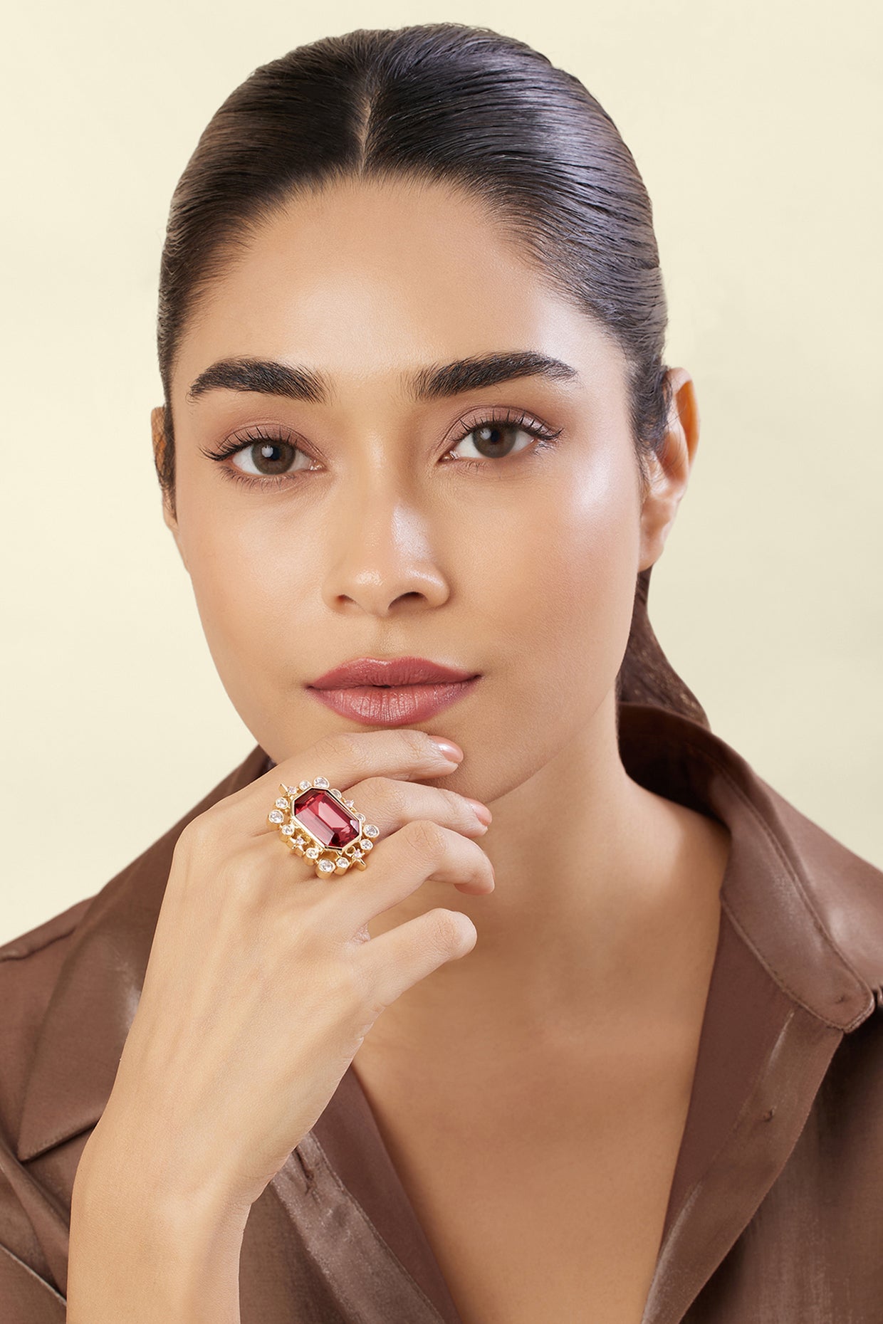 Ruby Lyric Statement Ring In 18Kt Gold Plated