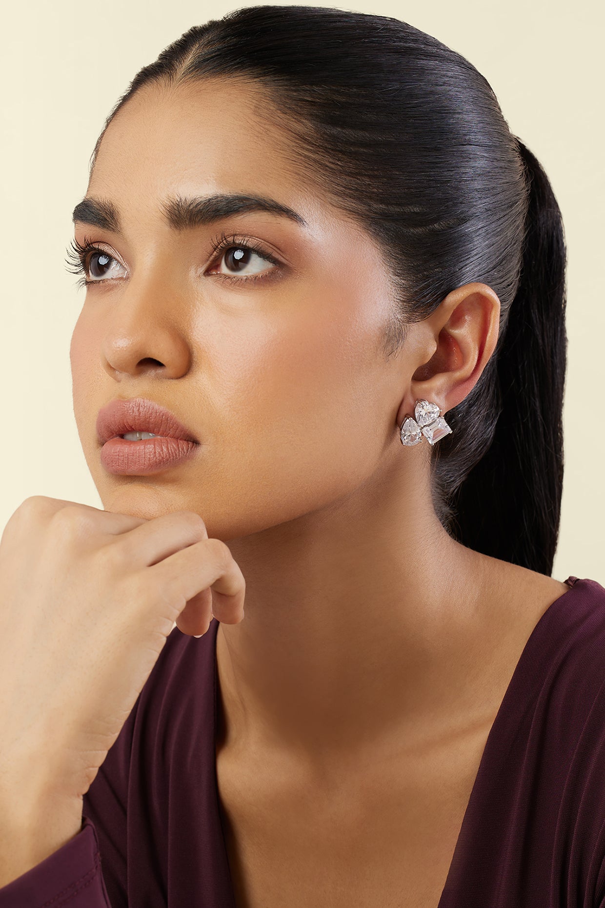 Silver Luxe Geometric Studs In Rhodium Plating