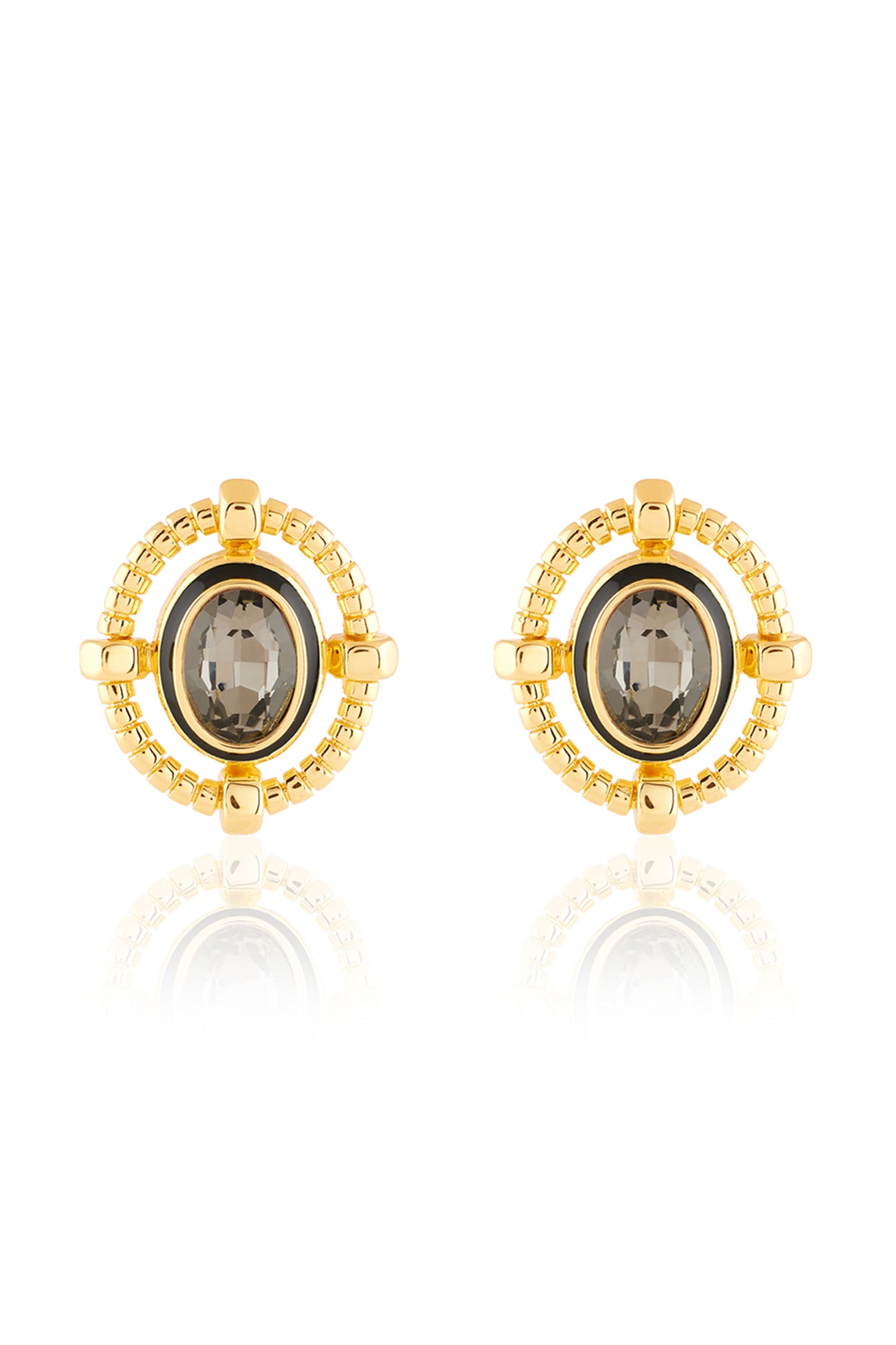 Nut and bolt Oval Shape Black Diamond Crystal stud earring 18Kt Gold Plated