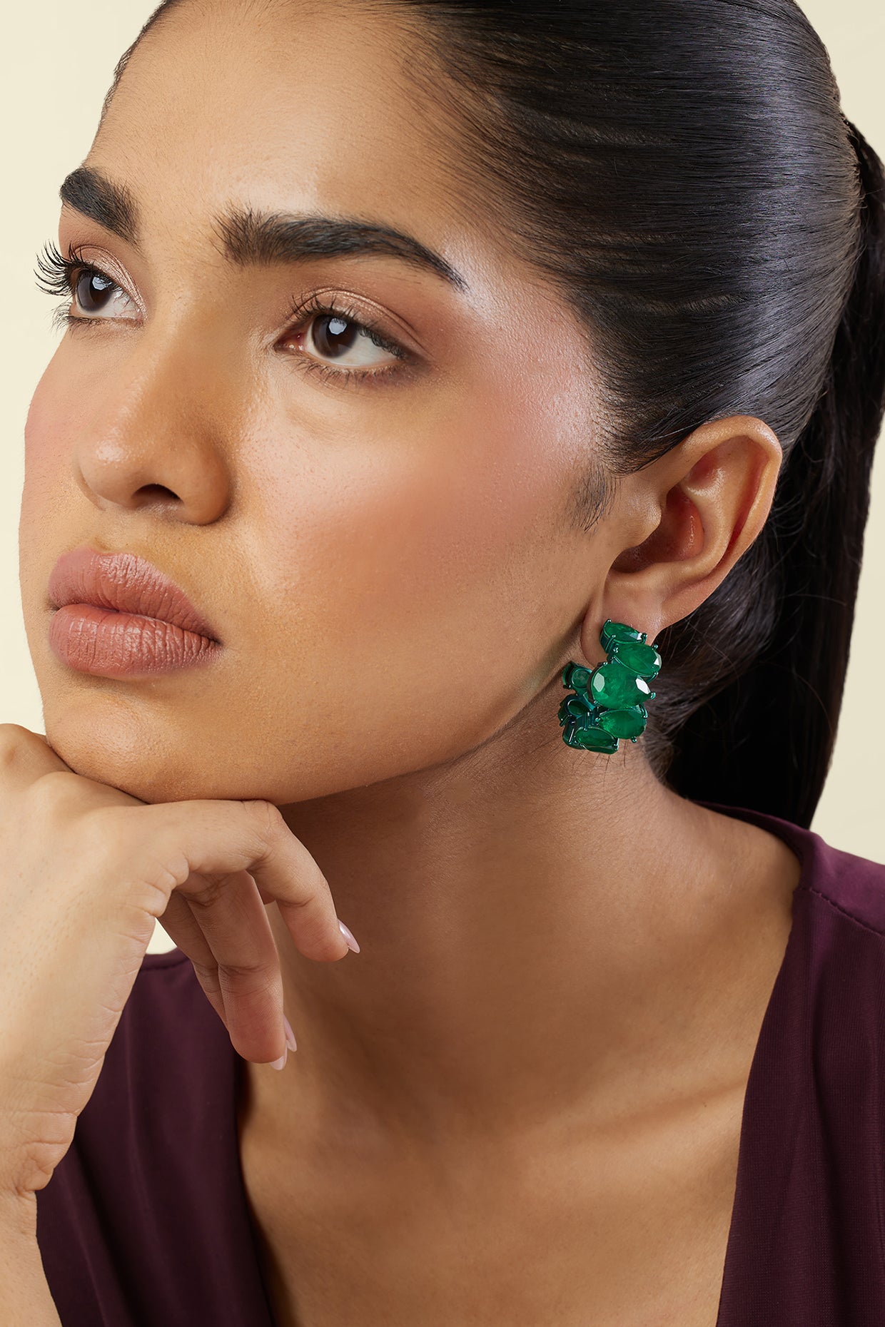 Emerald Glow Statement Hoops In Rhodium Plating