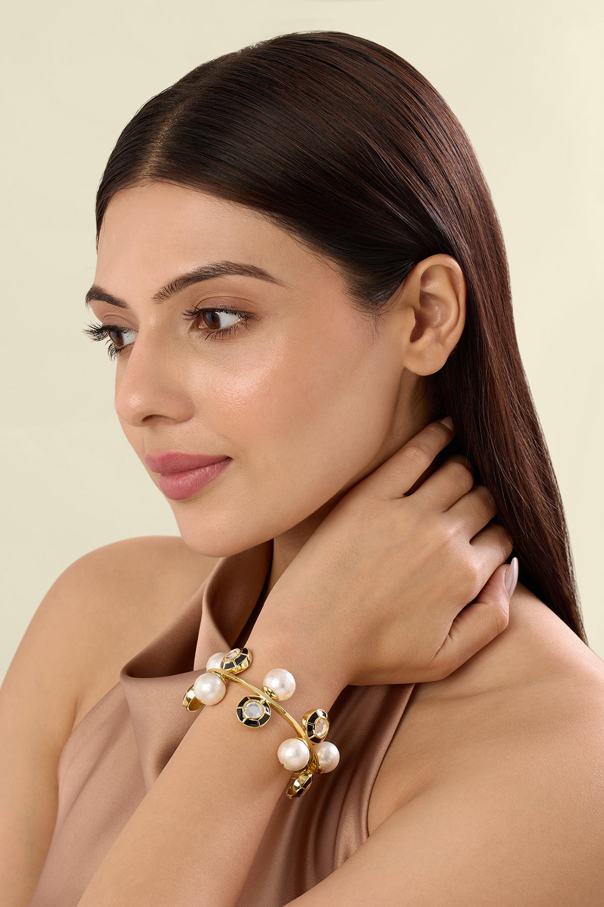 Ayaana Pearl And Mirror Enamel Cuff 18Kt Gold Plated