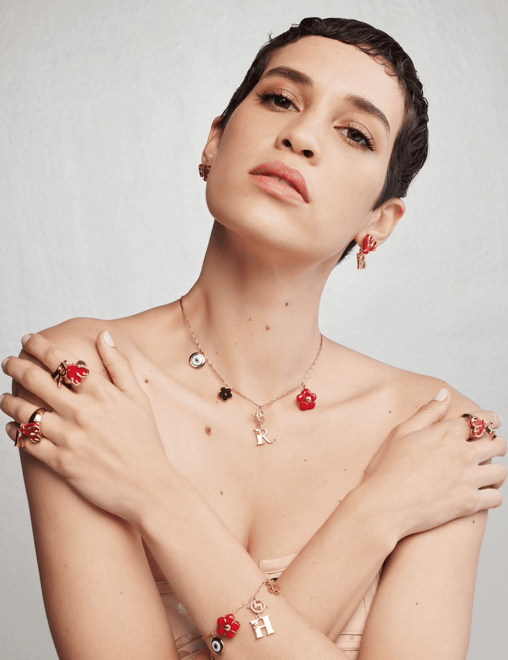 22kt Gold Plated Evil Eye and Floral Initial Bracelet