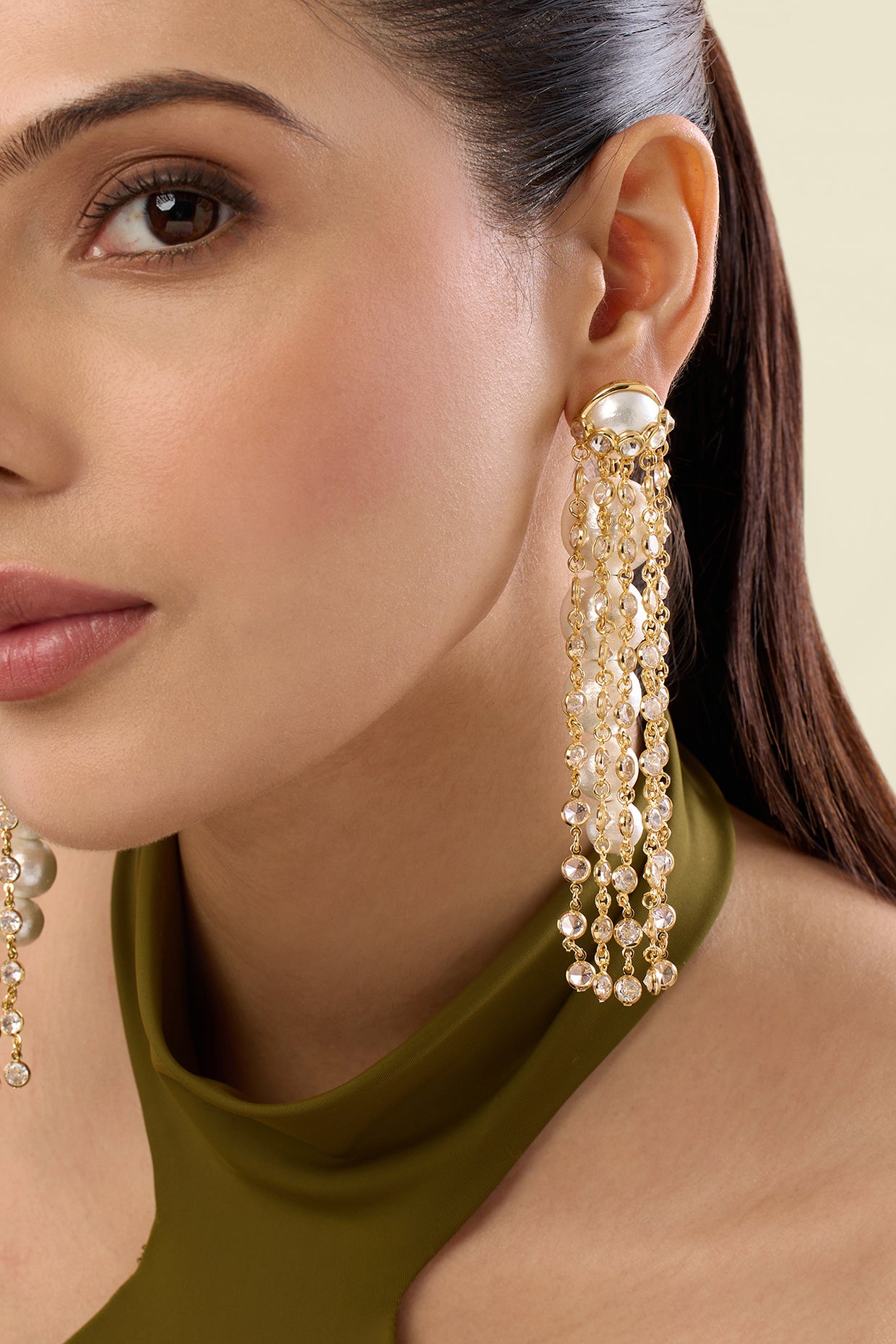 Limelight Pearl & Chain Long Earrings 18Kt Gold Plated