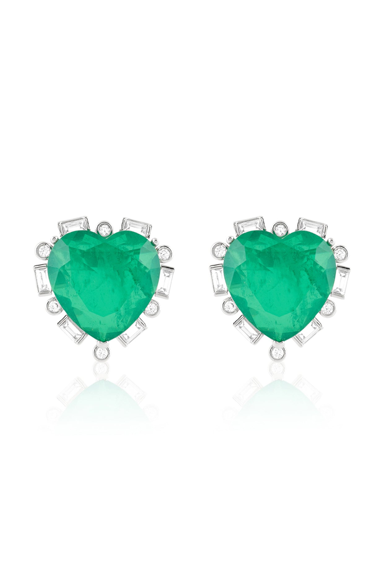 Emerald Radiance Heart Studs In Rhodium Plating