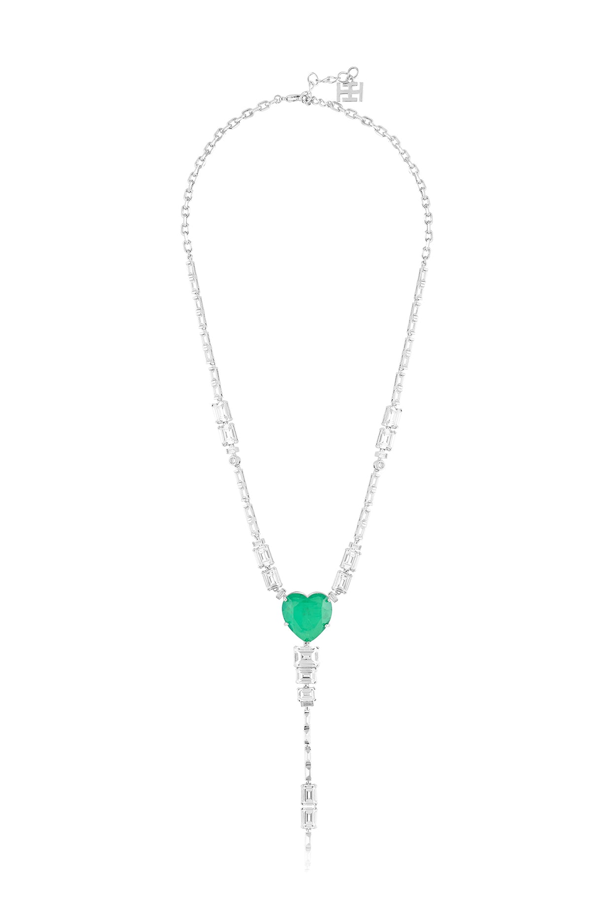 Emerald Elegance Y Necklace In Rhodium Plating