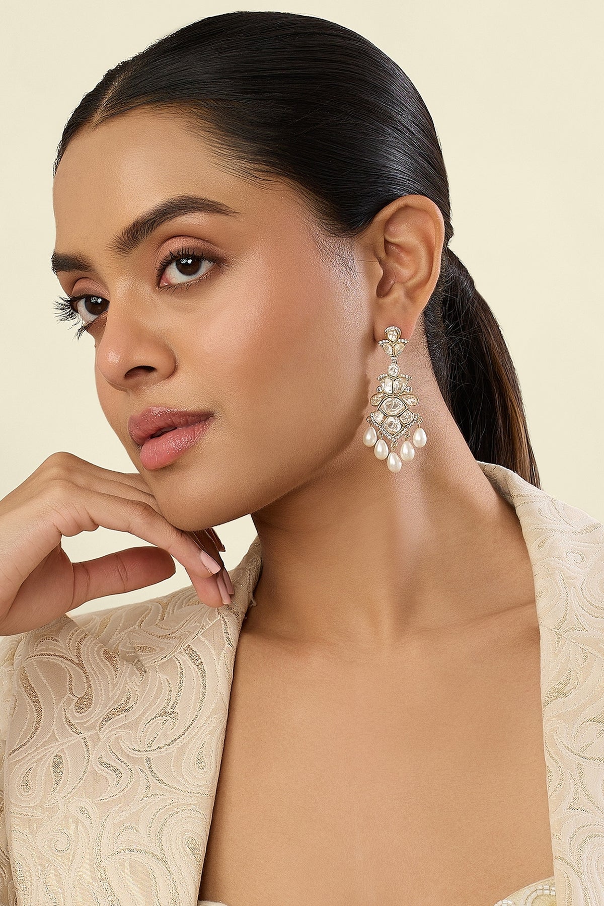 Polki Cascade Pearl Long Earrings