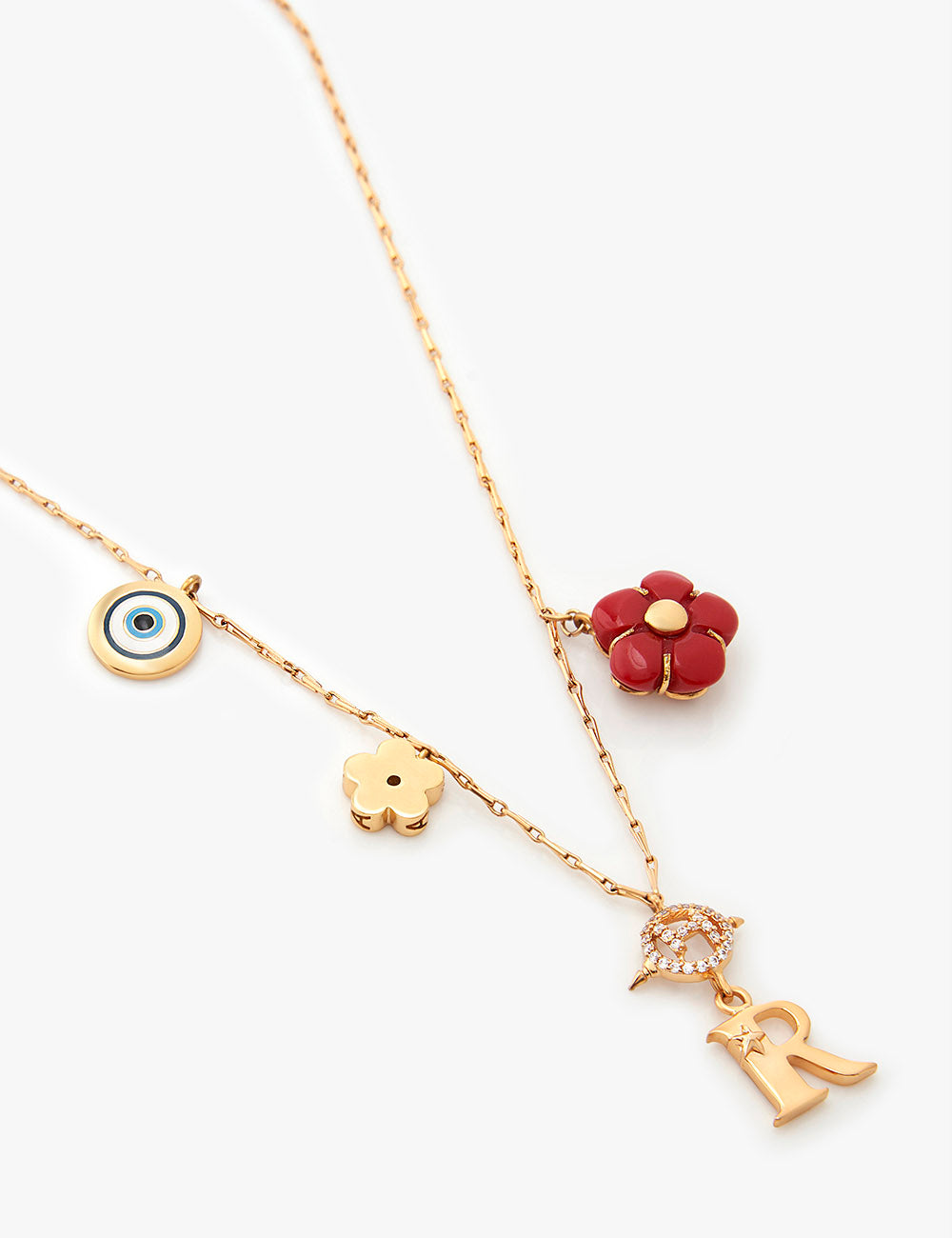 22kt Gold Plated Evil Eye and Floral Initial Necklace