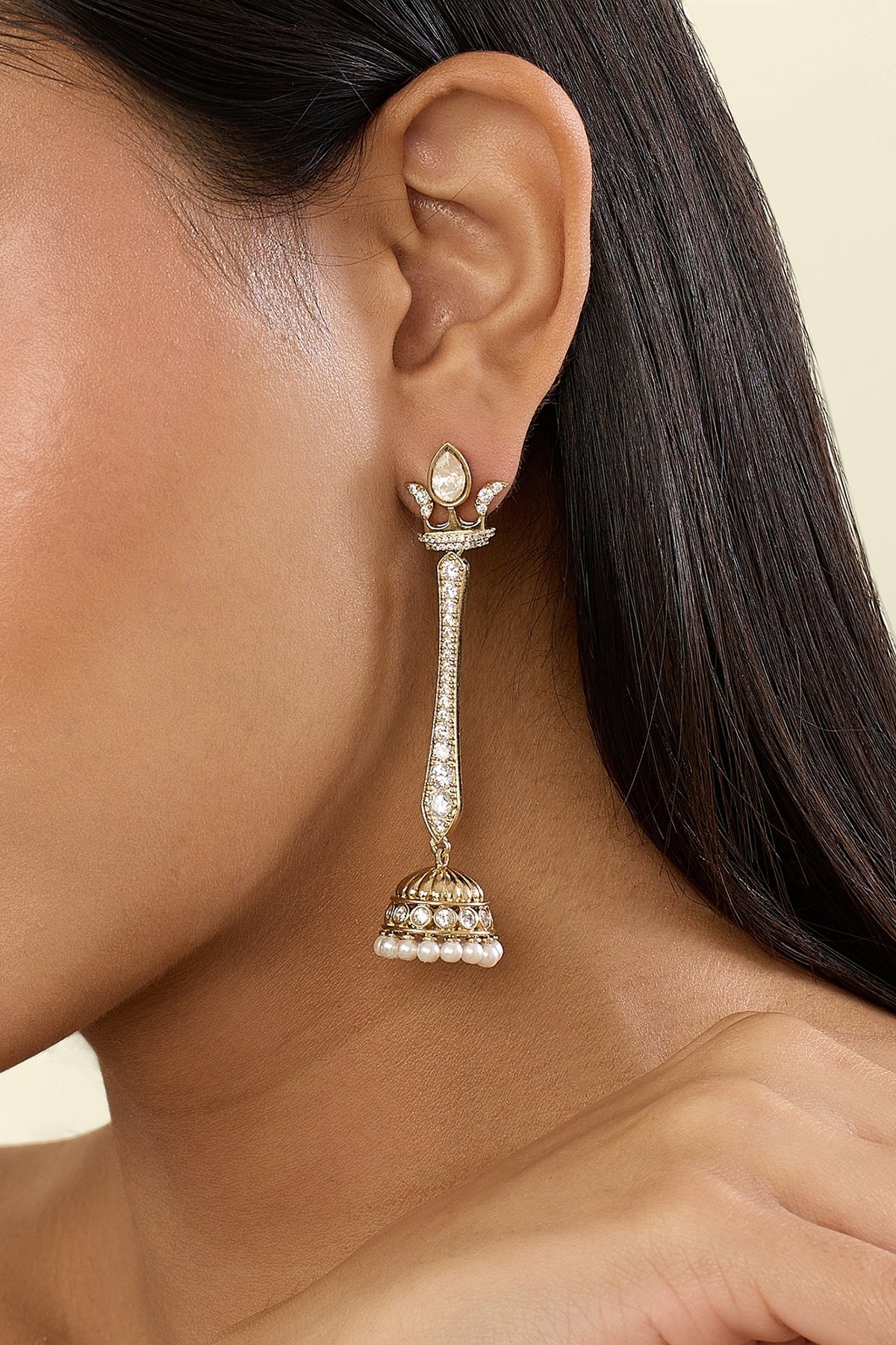 Polki Maharani Crest Long Pearl Earrings