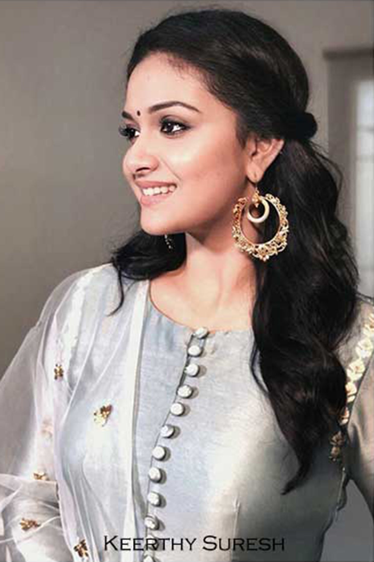 Round Gold Drop Bali Earrings with Crystals Worn By Keerthy Suresh