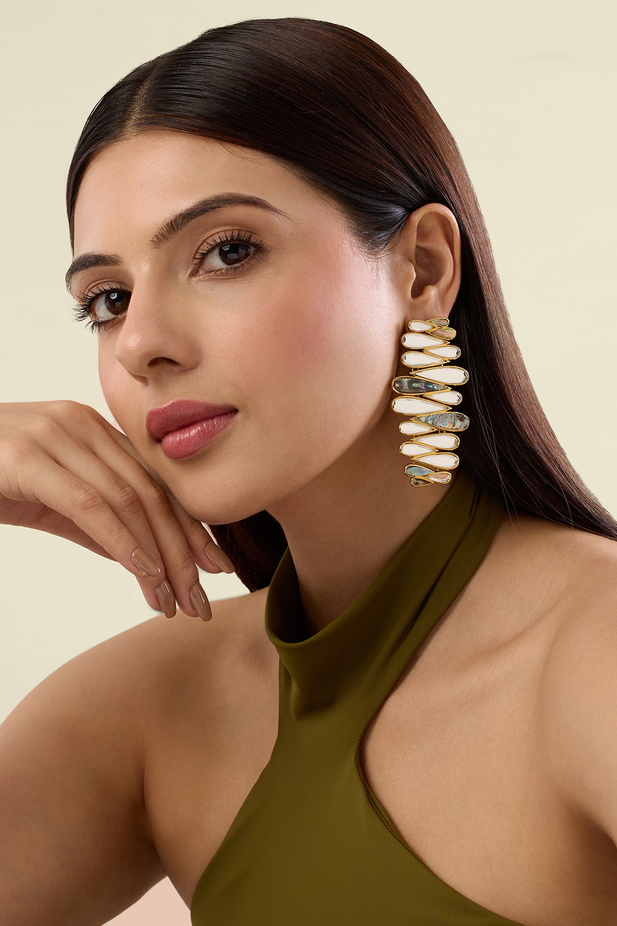 Demi Goddess Mother of Pearl & Mirror Cascading Earring 18Kt Gold Plated