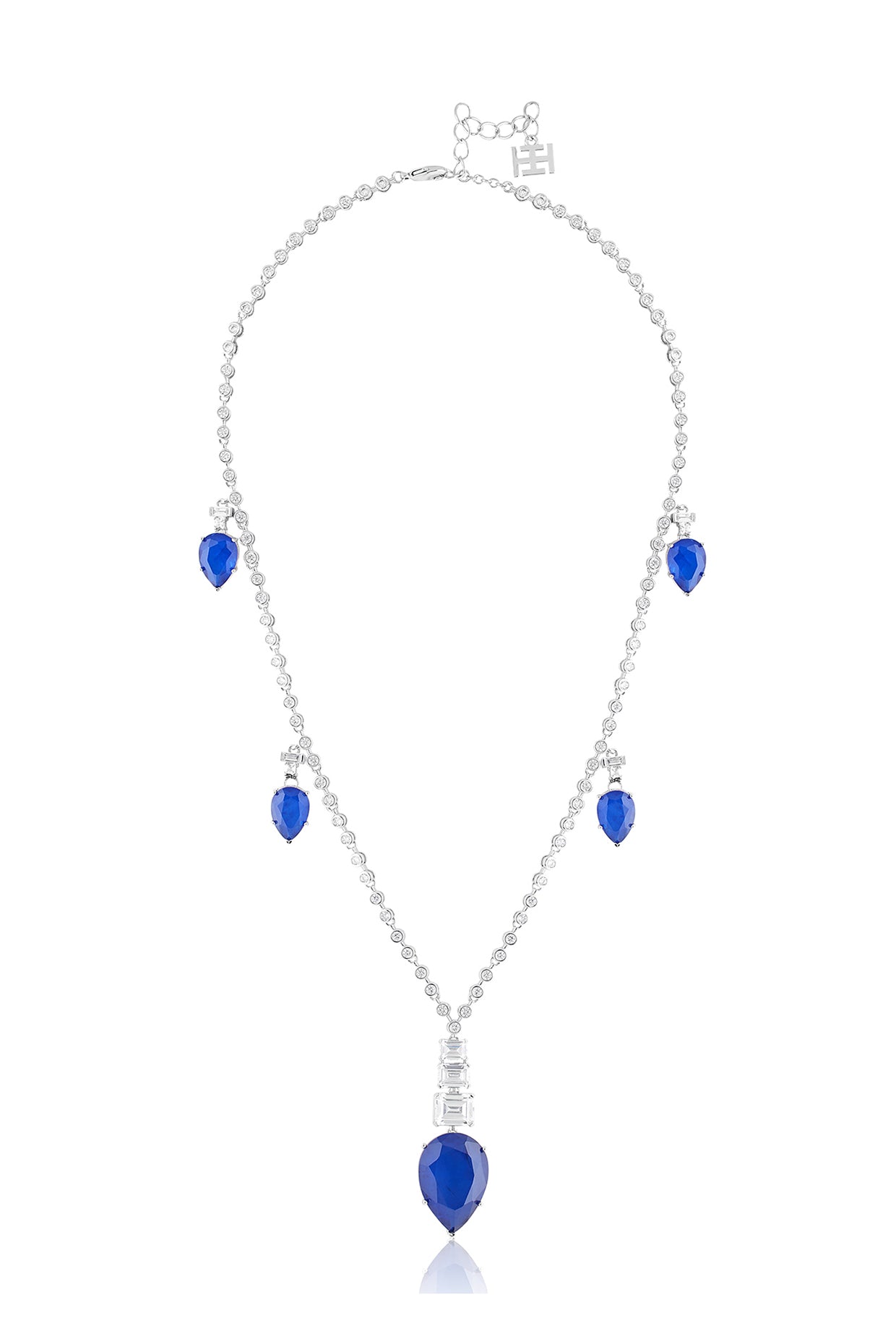 Sapphire Radiance Long Necklace In Rhodium Plating