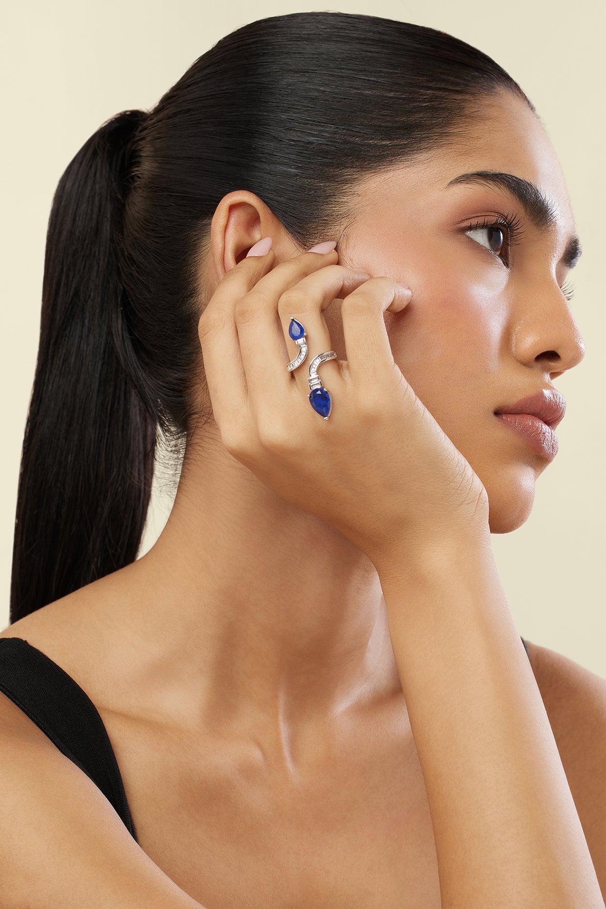 Celestial Sapphire Statement Ring In Rhodium Plating