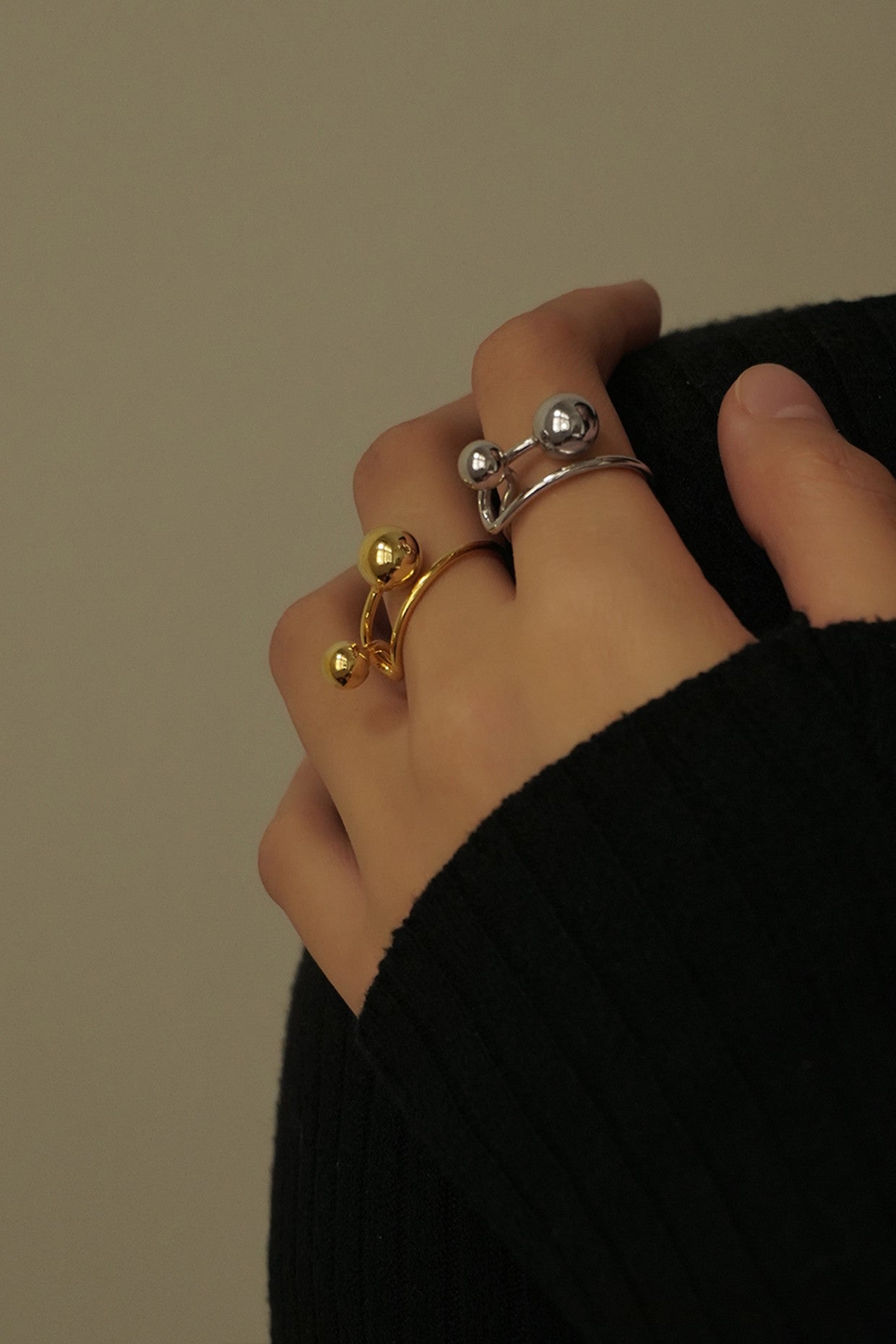 Rhodium Silver Double Ball Ring