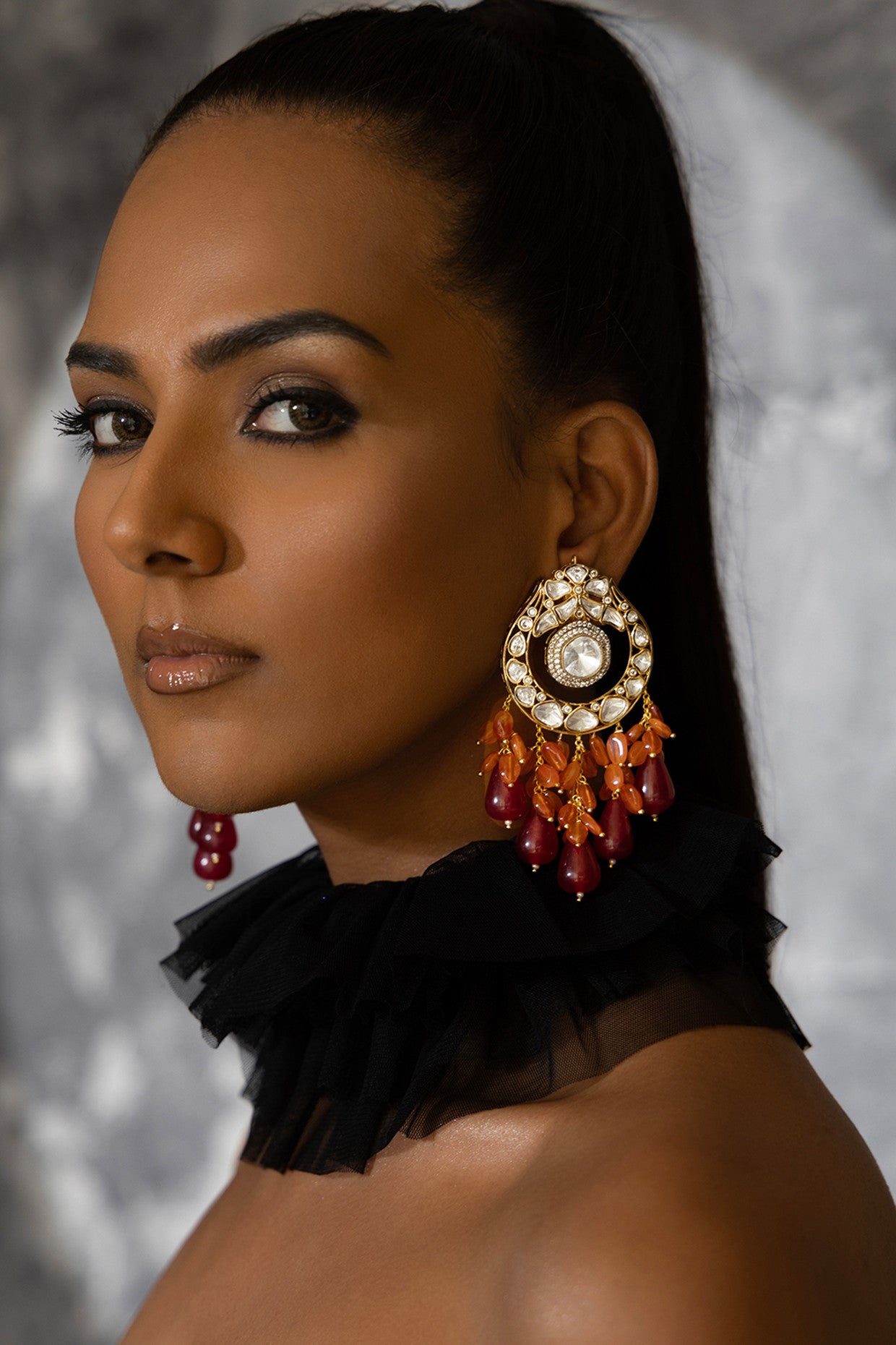 Polki And Red Stone Drop Earrings in 22Kt Gold Plating